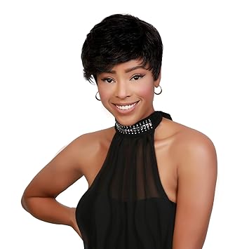 Instant Fab Short Human Hair Wigs Pixie Cut Wigs with Feathered Side Bangs for Black Women Short Cut Pixie Hairstyles Wig Tapered Back Non Lace Front Wigs - Pearl (NATURAL)