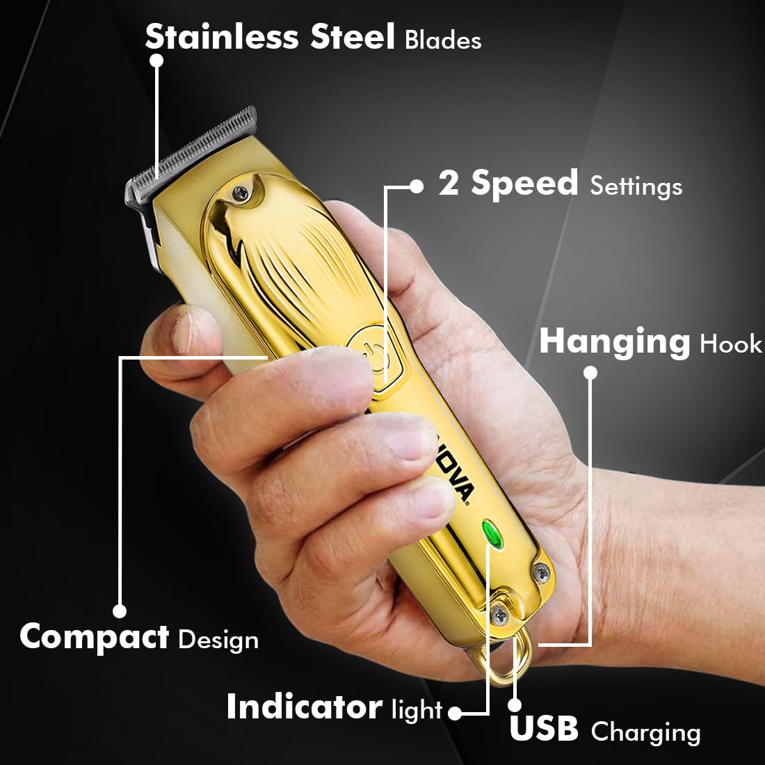 Nova NHT 1102 Trimmer connected to a USB-C charging cable, with text indicating versatile styling, precision trimming 0.5 to 3 mm, and 120 minutes run time