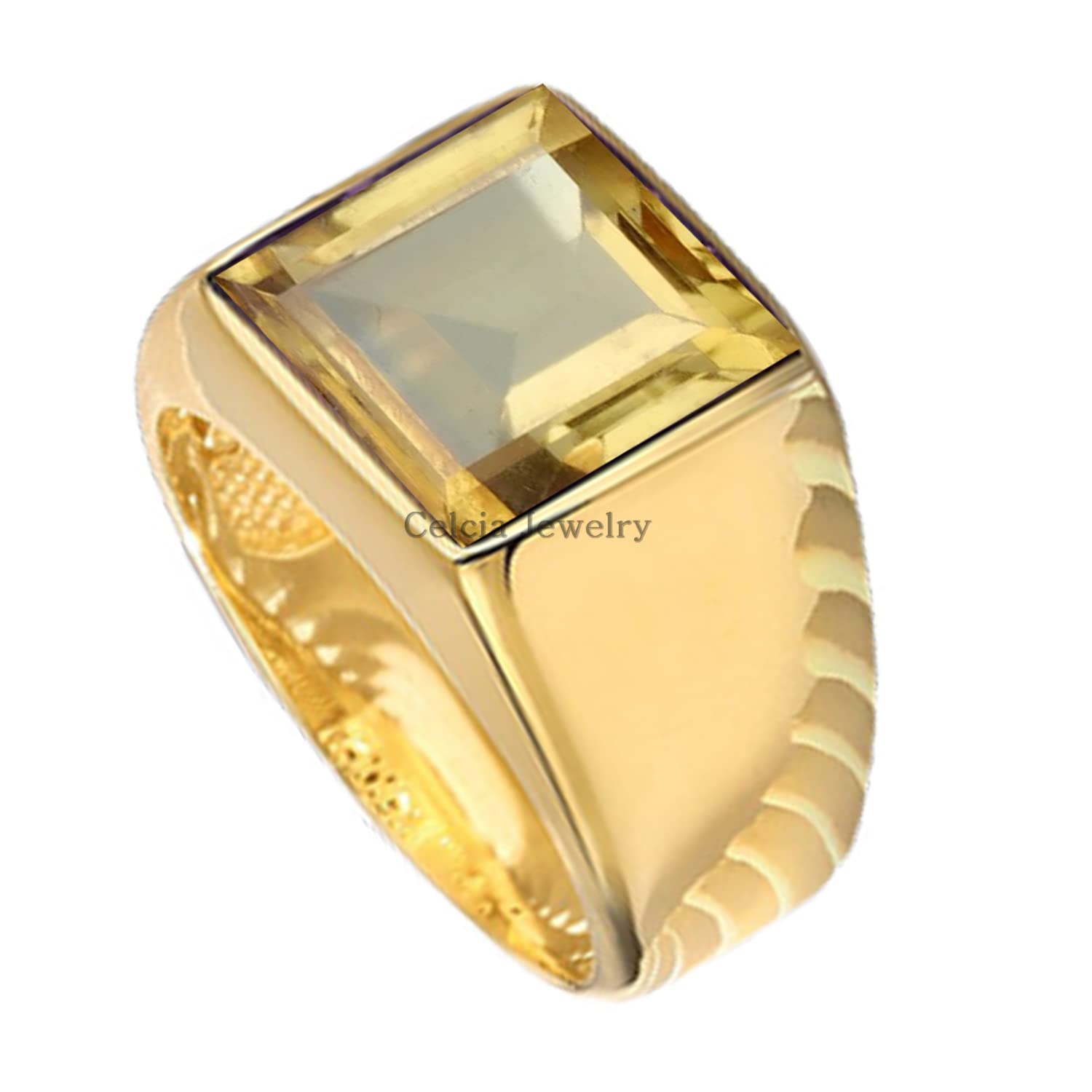 18K Yellow Gold Plated Solid 925 Sterling Silver Ring for Men, Natural Citrine Yellow 12MM Gemstone Signet Ring, Unique Handcrafted November Birthstone Ring