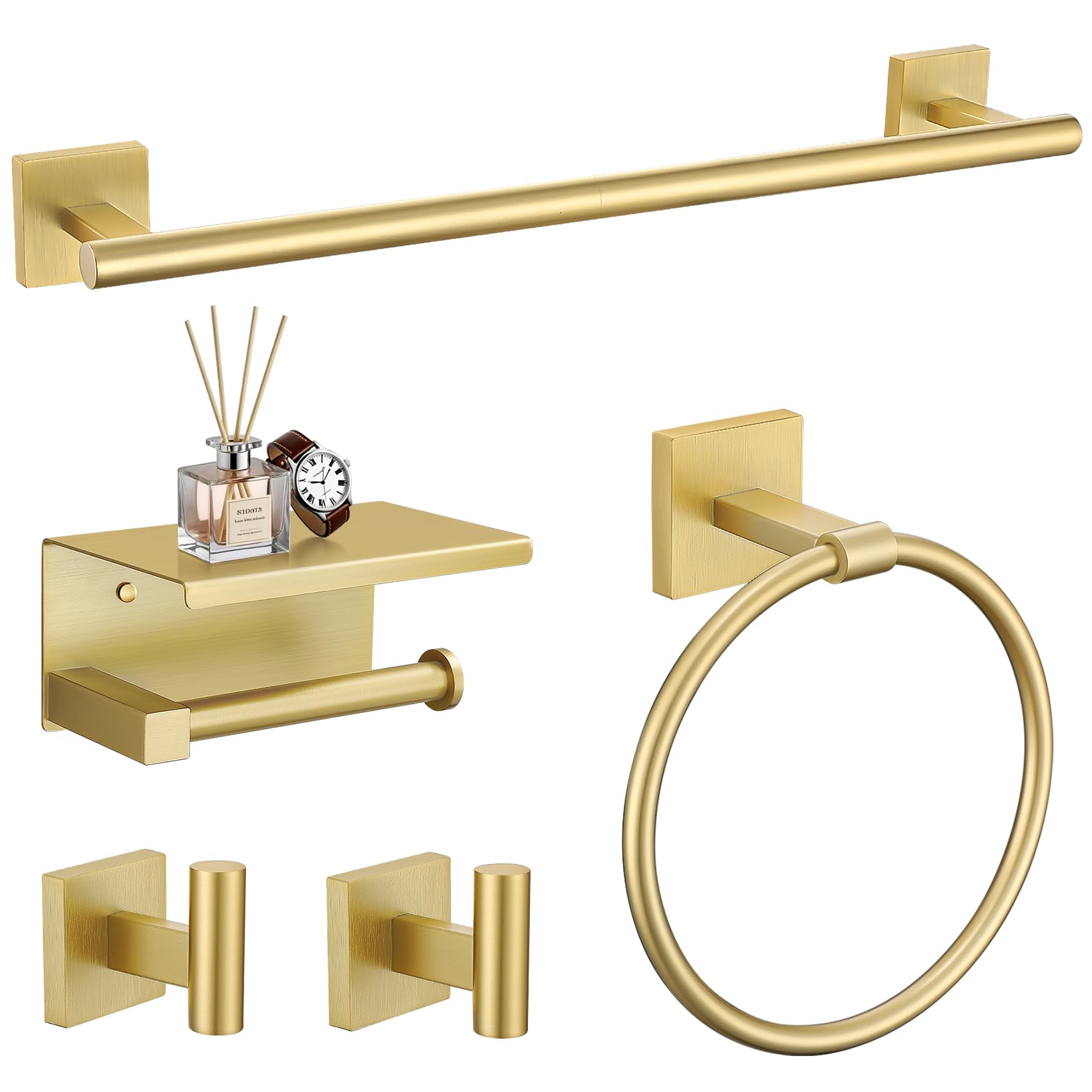 Photo 1 of ** MISSING SCREWS*** TURS 5-Pieces Brushed Gold Bathroom Hardware Set 23.6 Inch SUS304 Stainless Steel Towel Bar Set Wall Mounted Square Toilet Paper Holder with Shelf
