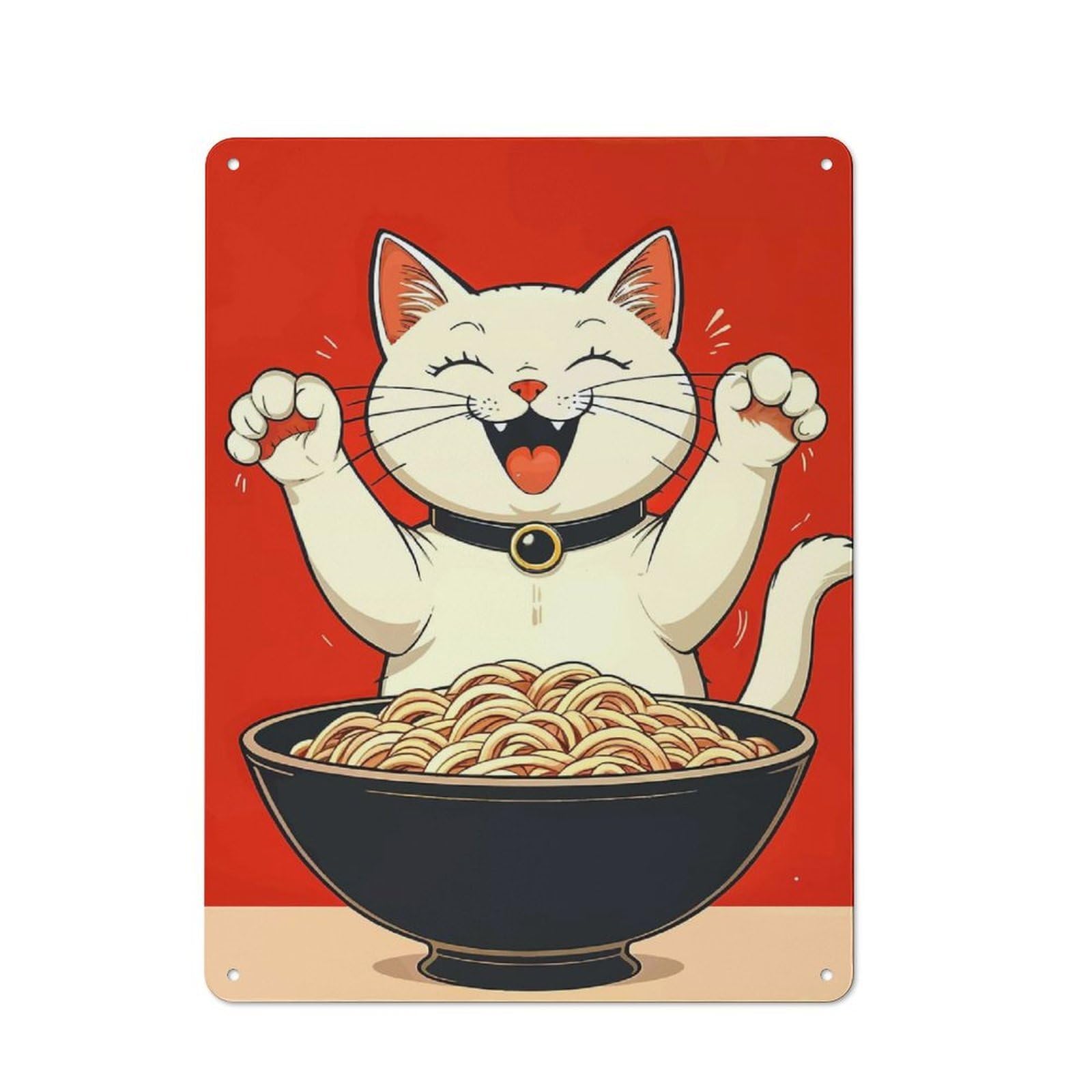 Junmoney Style-6 Tin Wall Plaque 40X30cm With Happy Cat With Noodles For Home Office Or Studio, For Metal Sign Collectors, For Garage And Workshop Walls