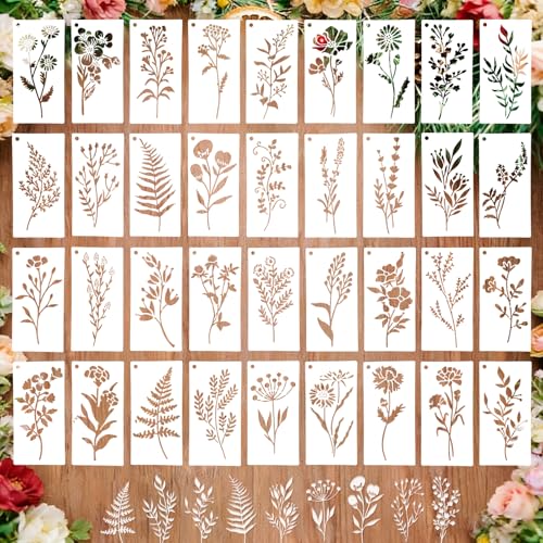 CEBLISH 36 PCS Flower Stencils for Painting on Wood 6x3 Inch Reusable Wildflower Stencil for Crafts Plastic Floral & Leaf Templates for Canvas Wall Decor Rock Art and Home Projects