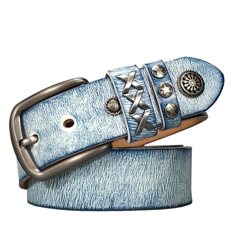 Western Genuine Leather Belt for Men Women Vintage Studded Belt for Jeans Pant Retro Belt Men,Vintage Blue,105CM/41.3''