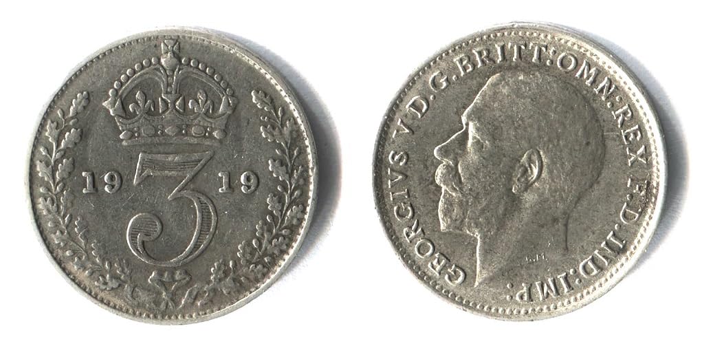 Collectible Coins - Circulated 1919 British Rare Silver Threepence / 3d / Threepenny Bit Coin/Great Britain