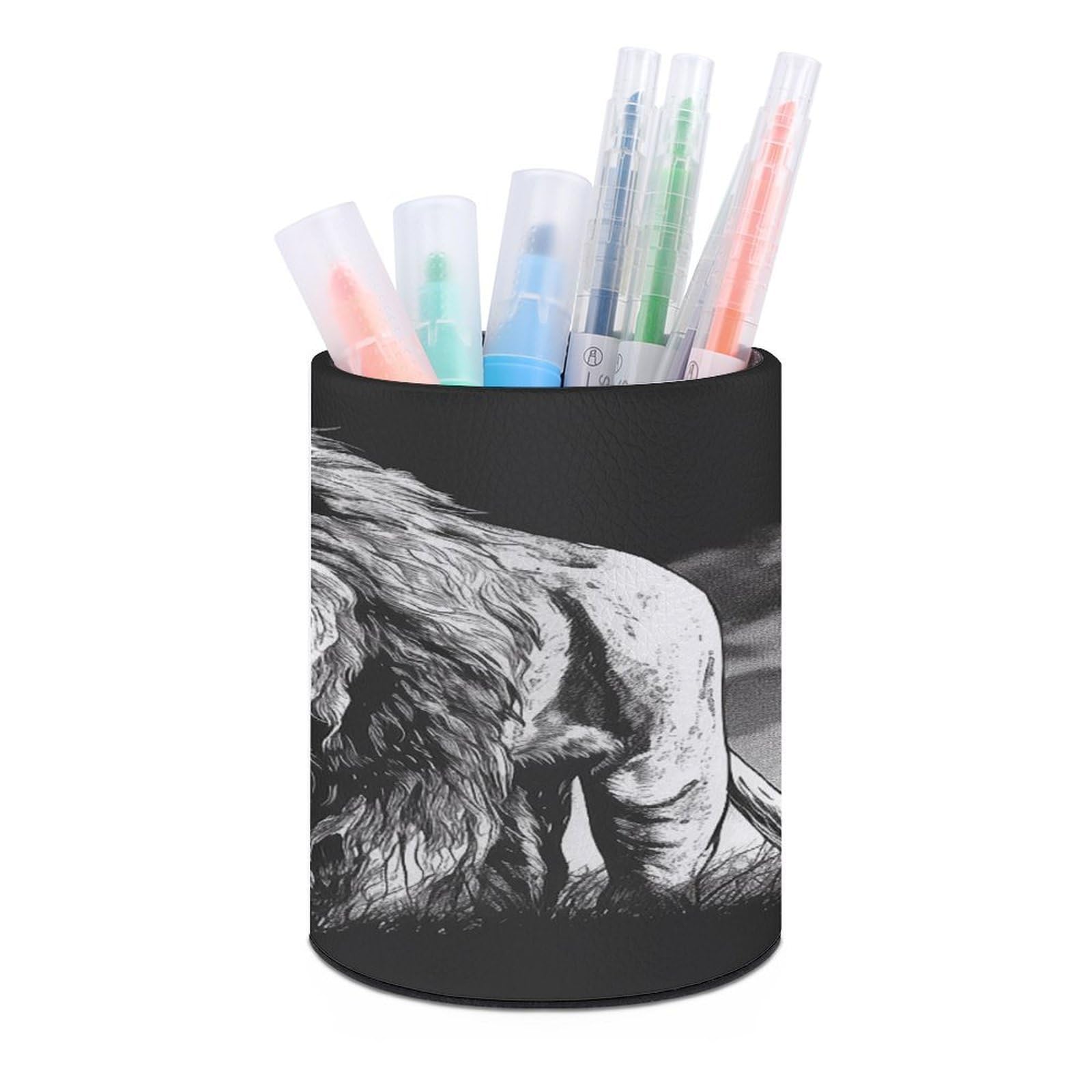 VstaDank Lion Black And White Illustration Pen Holder for Desk Makeup Brush Holders Stylish Pen Cup Cute Pencil Cup Round Pencil Holder Decor Brush Scissor Holders for Multifunctional Office Supplies