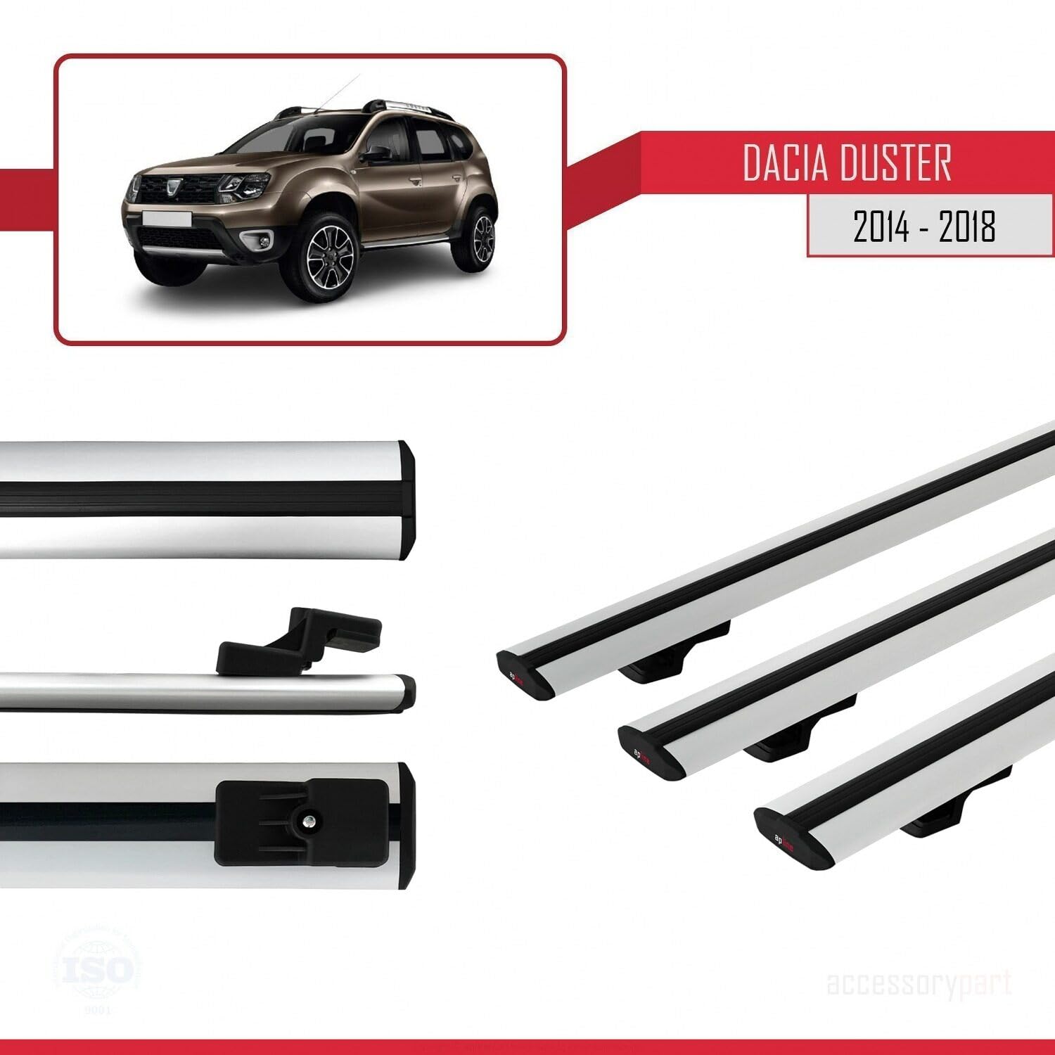 Kompatybilny z Compatible with Dacia Duster (HS) Post-Facelift 2014-2017 BASIC Model Aluminiowy bagażnik dachowy 3 poprzeczki, szary