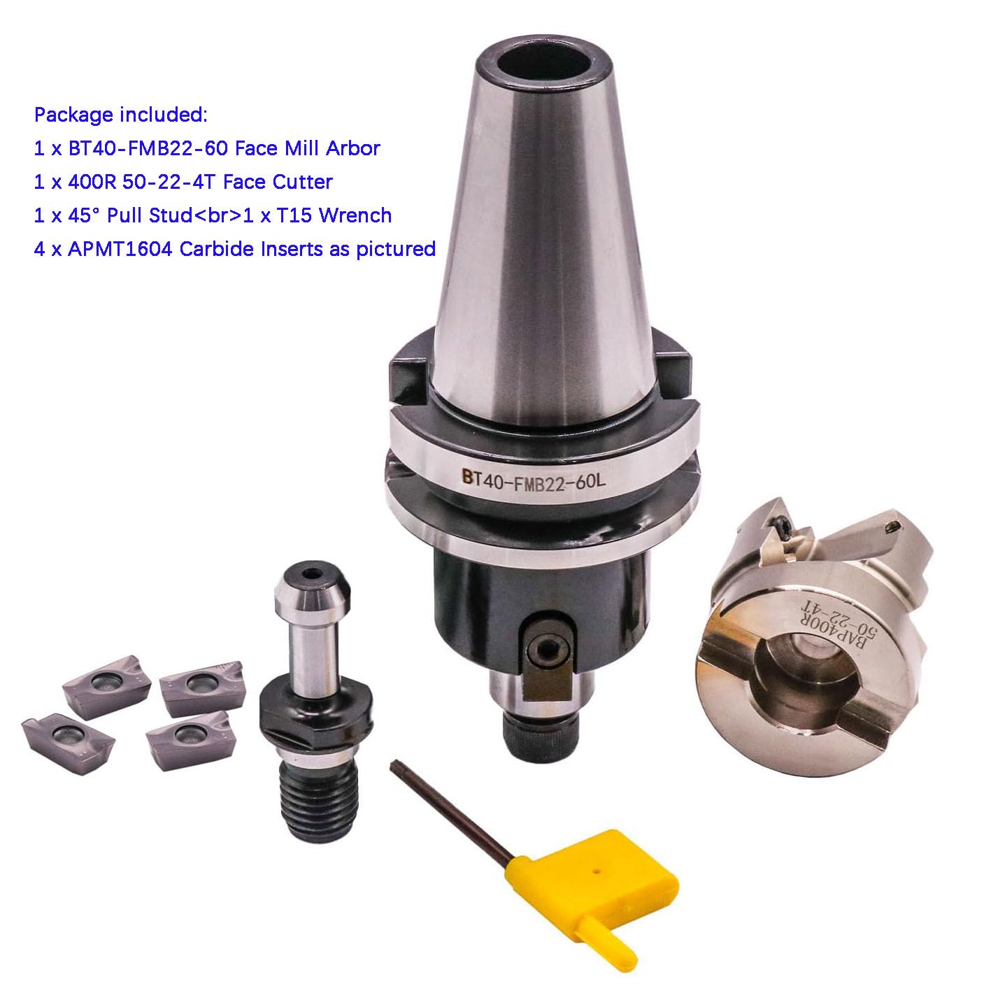 BT40-FMB22-60 Shank Face End Mill Arbor, 1.97"/50mm Cutting Diameter 90 Degree 4 Flute Indexable CNC Face End Mill Shell Cutter 400R 50-22-4T with 4Pcs APMT1604 Carbide Inserts and BT40 Pull Stud