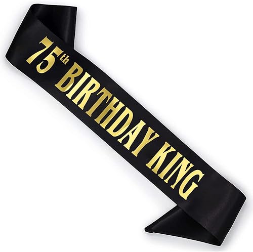DEZARO Banda de cumpleaños de 75 años, banda dorada de satén negro para hombres, fiesta de cumpleaños de 75 años, regalos de decoración
