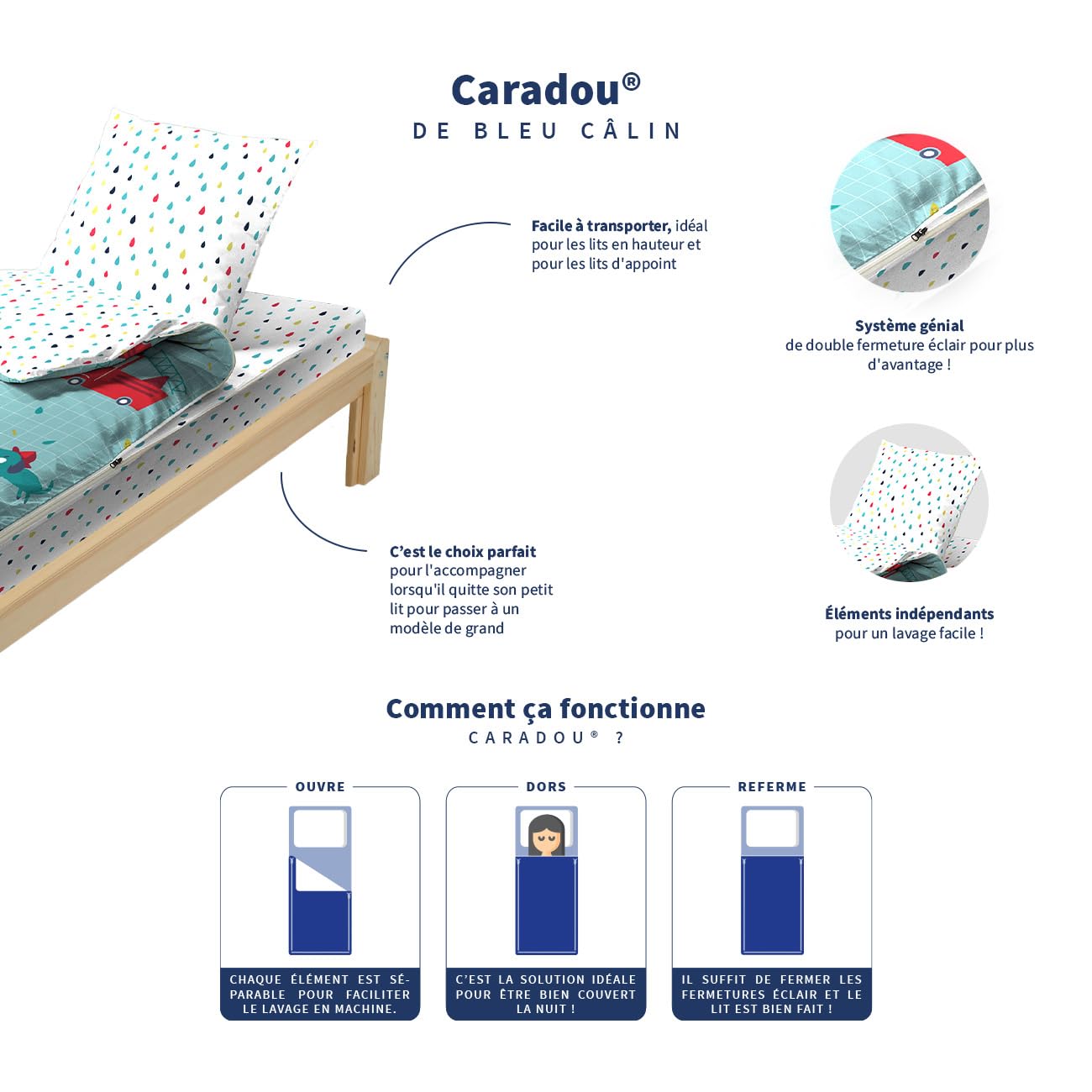 Caradou Set da letto per bambini, in cotone, 4 pezzi: letto tutto in uno, per bambini, con piumino, 90 x 190 cm