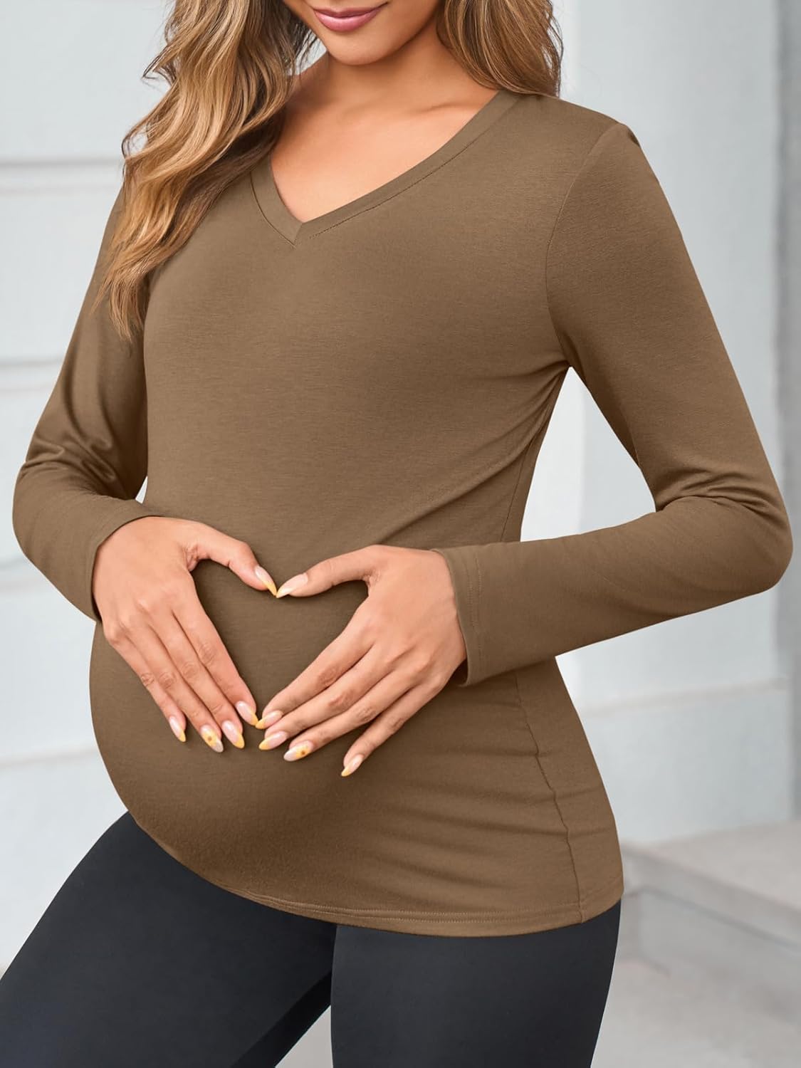 Yousify Womens Maternity Tops V Neck Long Sleeve Fitted Tunic Shirts Casual Basic Tees Mama Pregnancy Clothes - Image 3