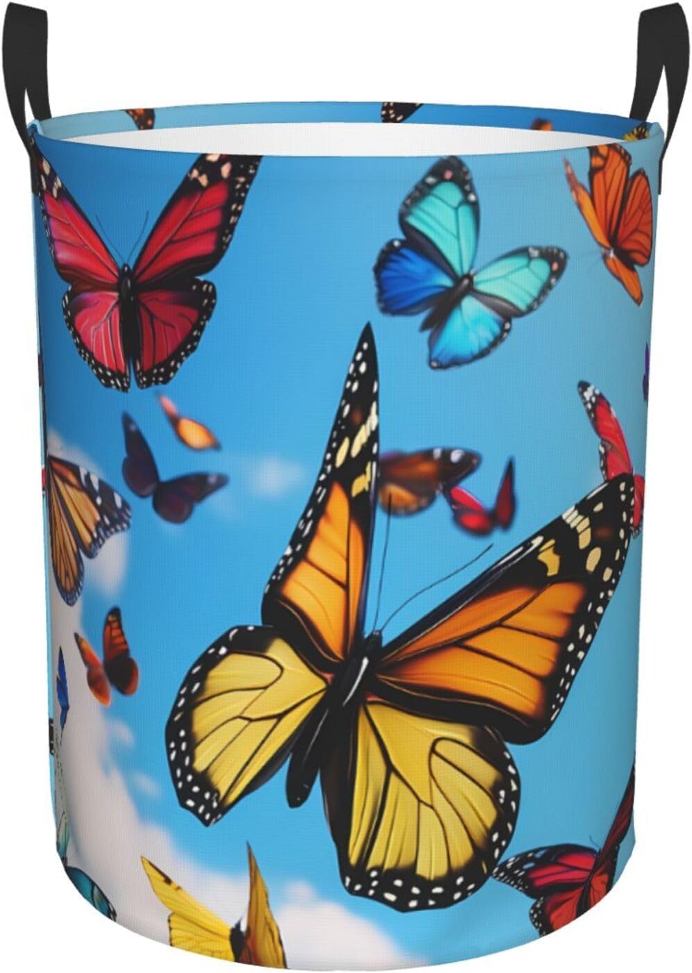 Butterflies flying Round Single-layer Laundry Basket, Portable Storage Laundry Basket, Bedroom Clothes Storage Basket with Handle