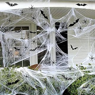 Bluelves Halloween Spider Web, 100g White Spider Cotton, with 30Pcs Spiders and 24Pcs Bats, Spider Web Decoration, Spooky Halloween Decorations for Haunted House Cobweb Party Supplies