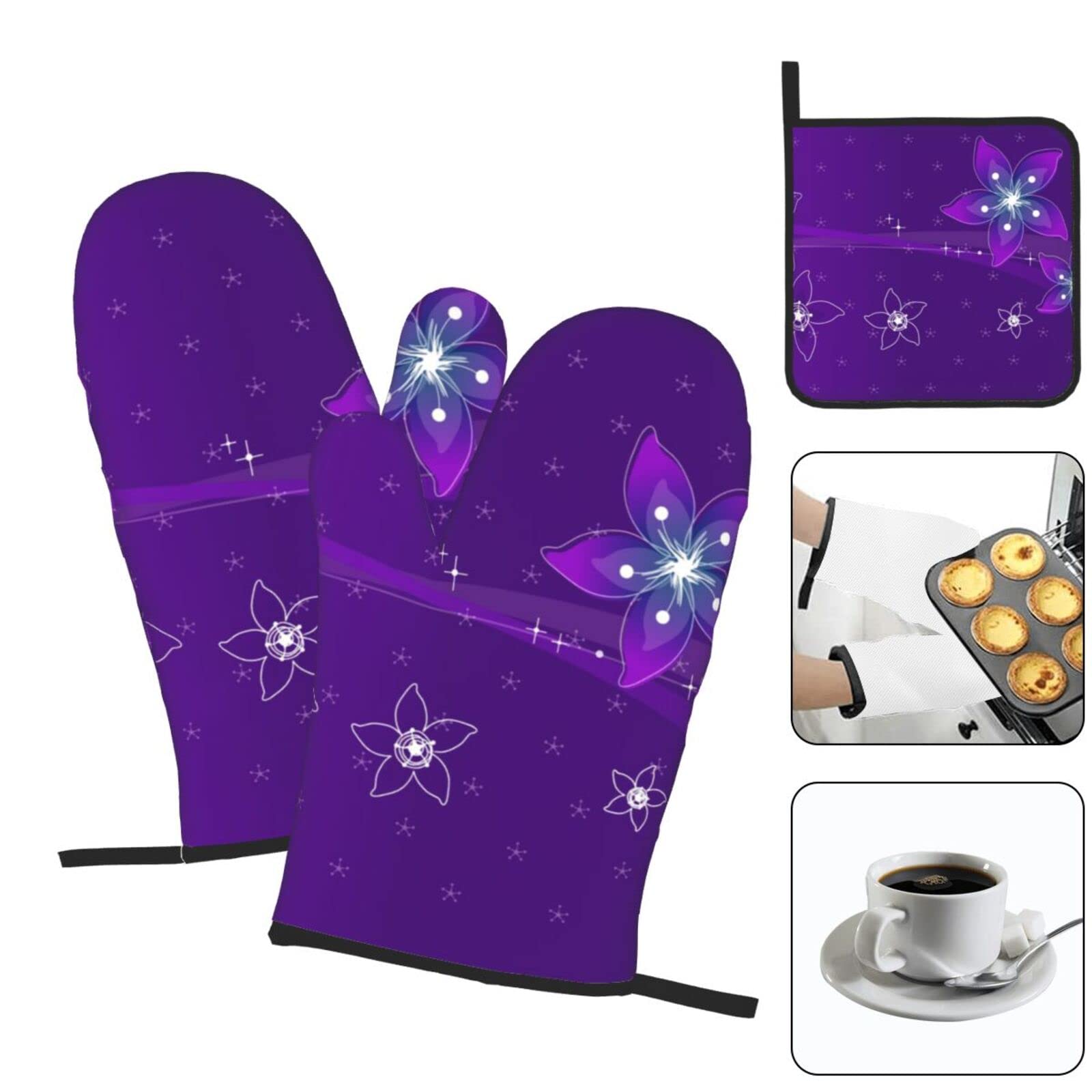 Set Cucina: 1 Guanto E 2 Presine In Cotone Con Stampa Fiori - Resistenti Al Calore Per Forno E Barbecue - Foto 4