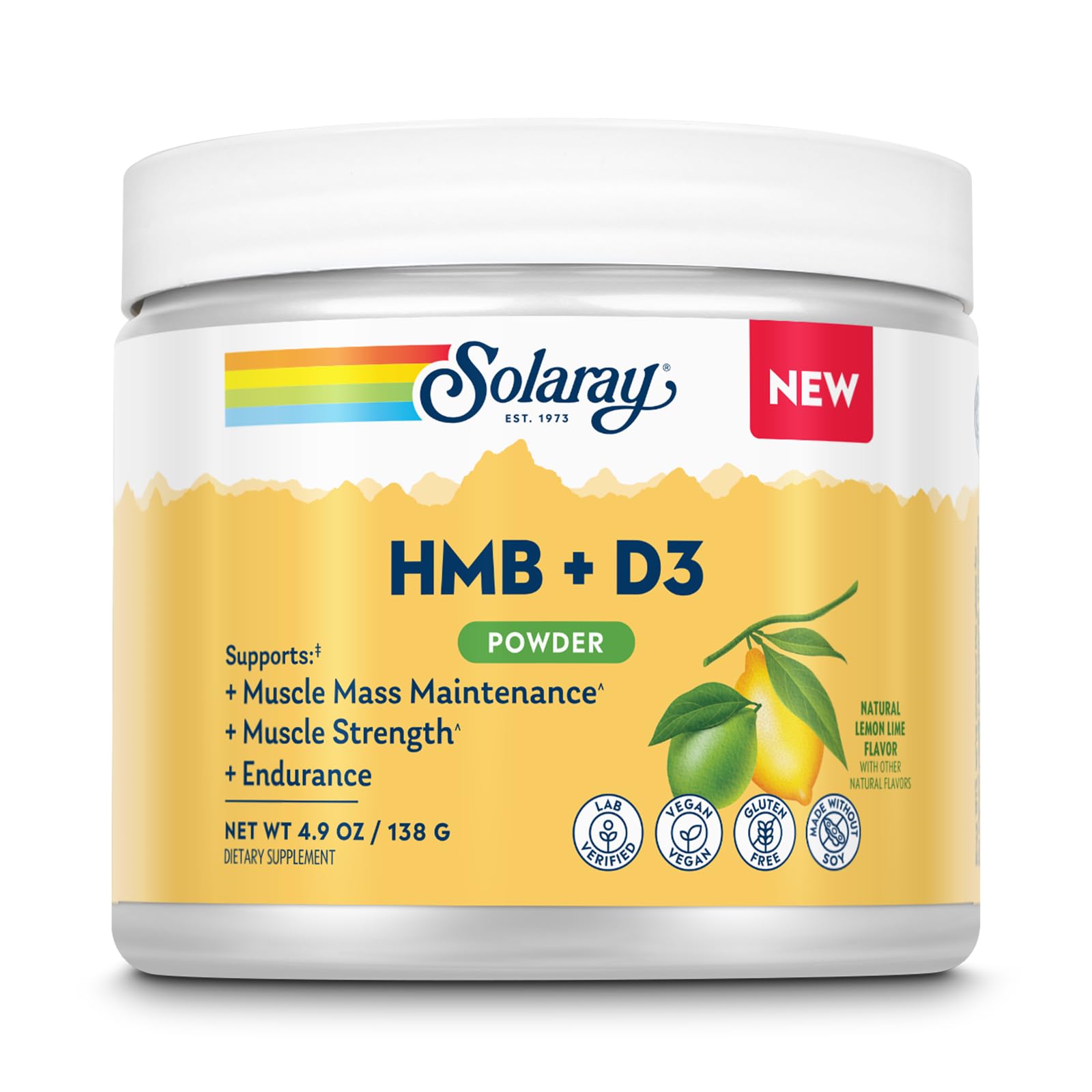 SOLARAY HMB + D3 Powder, Calcium HMB 3000 mg, Lemon Lime, 4.9 oz