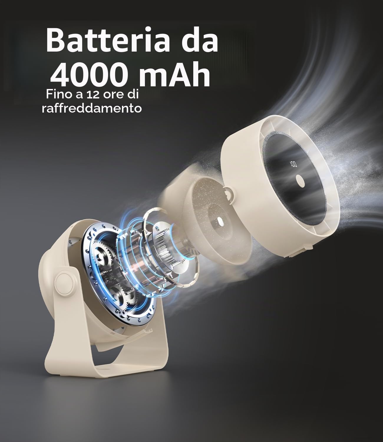 Ventilatore da Tavolo Portatile 4000mAh, 1-100 Velocità con LED Display, Silenzioso 30dB, 360° Regolabile, USB Type-C Ricaricabile – Per Ufficio, Camera, Campeggio, Sospendibile (Beige)