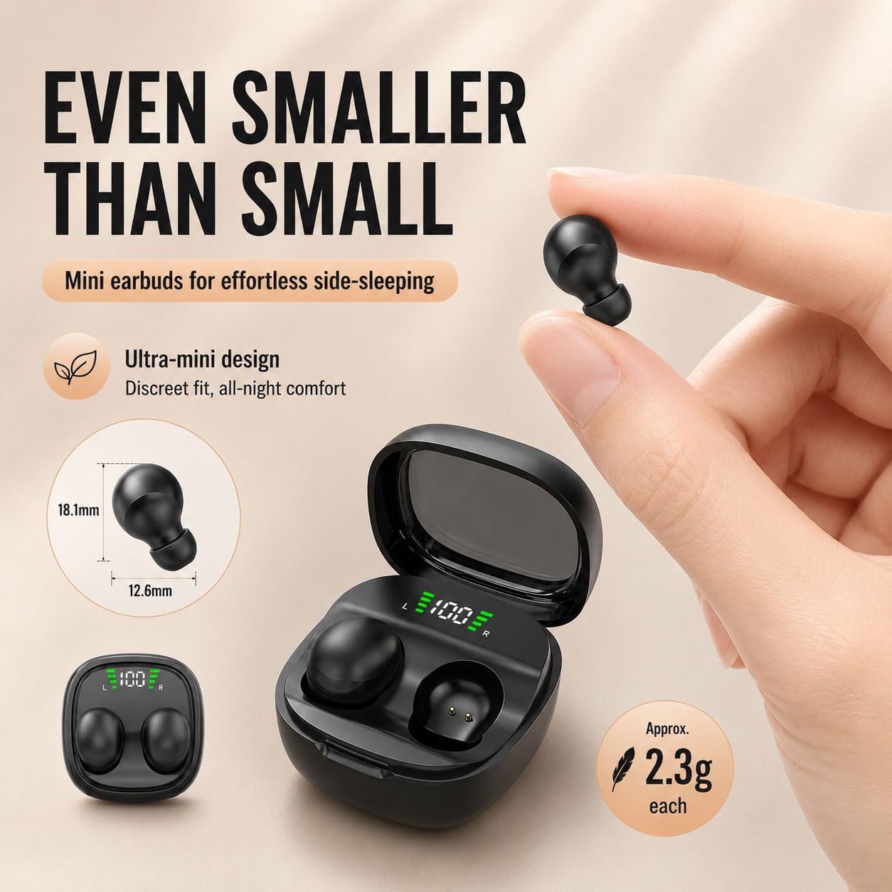Micool Auriculares inalámbricos invisibles, impermeables, Bluetooth, ligeros, sin dolor, invisibles para dormir sensibles, batería de larga duración (negro)