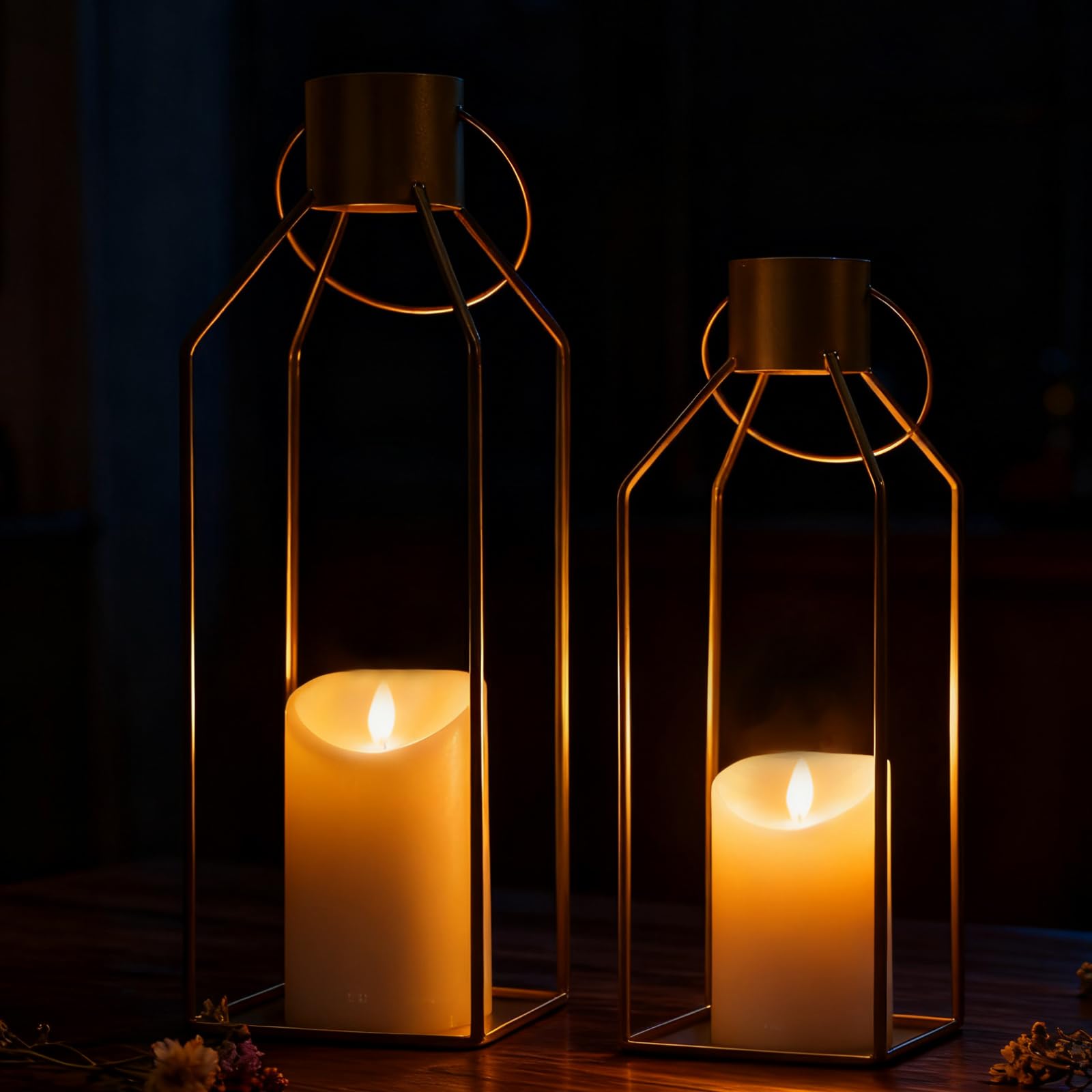 Farolillos para exterior con velas LED, juego de 2 farolillos de jardín de 32 + 40 cm, farolillos decorativos de acero inoxidable, farolillos decorativos para decoración de mesa, boda, Navidad (dorado