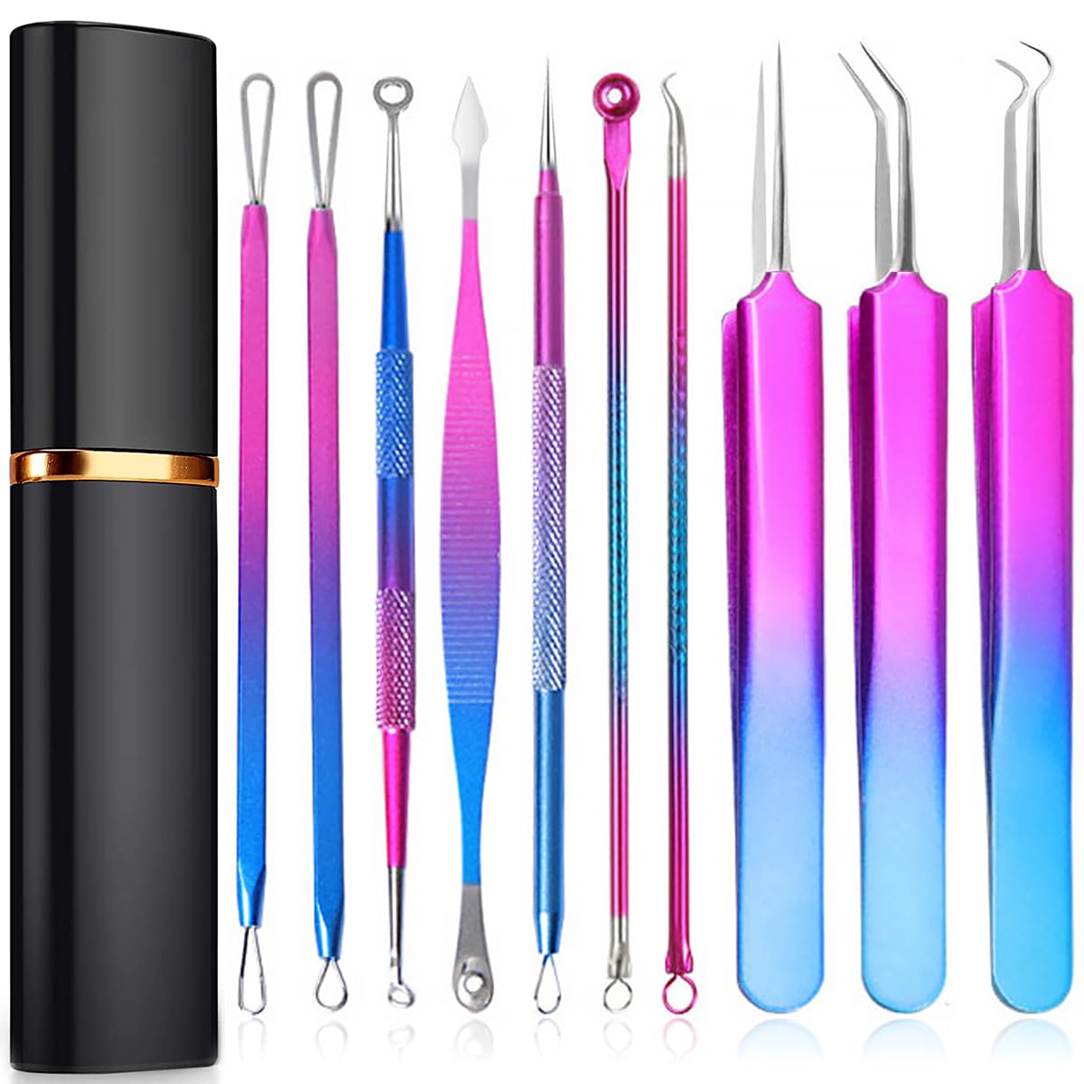 10pcs Blackhead Remover Tool Kit, Stainless Steel Pimple Popper Tool, Comedones Extractor for Forehead Face Nose Multifunction Acne Needle Tool with Metal Case for Travel Home Use