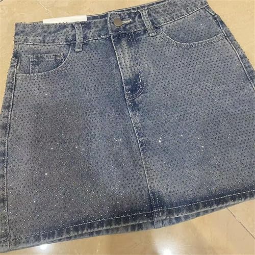Women's Rhinestone Denim Mini Skirts Diamonds High Waist Jean A-LINE Skirt3
