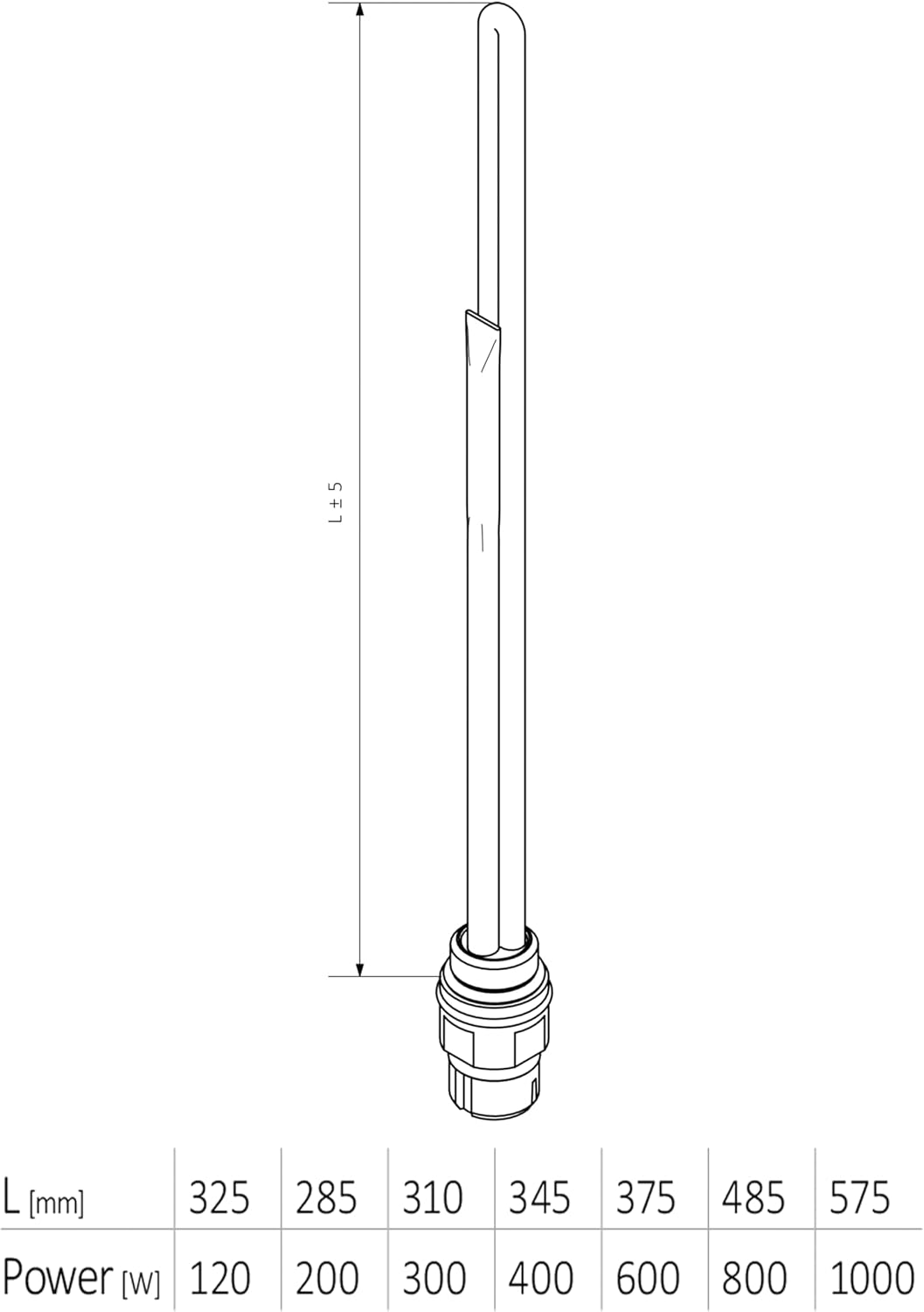 Technical drawing of the Terma Split TS1 heating element with dimensions and power ratings.