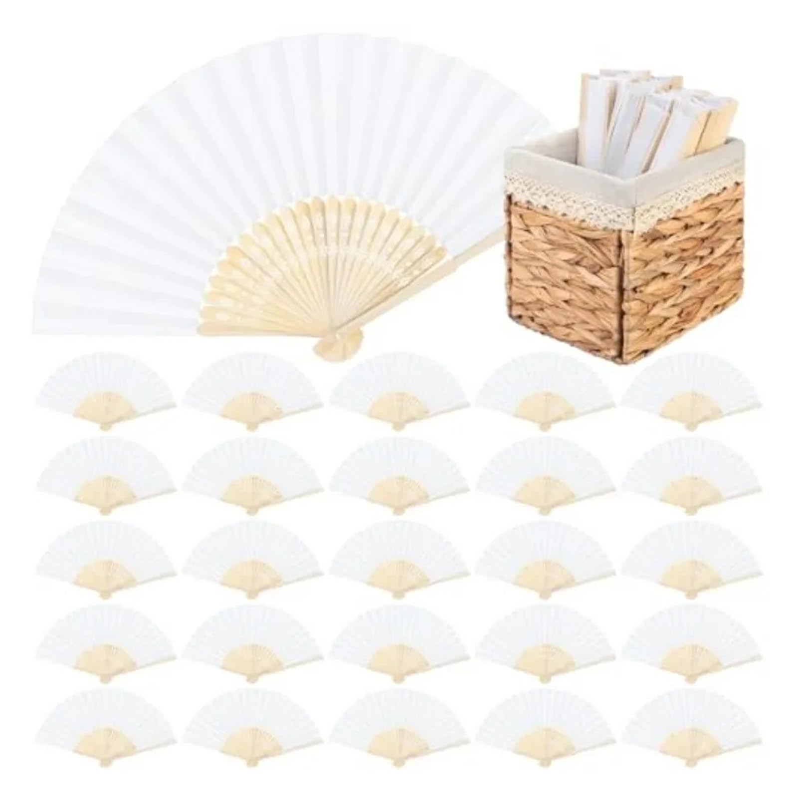 Weiße Papierfächer, faltbare Fächer mit faltbarem Aufbewahrungskorb, Handfächer for Gäste, Hochzeit, Party