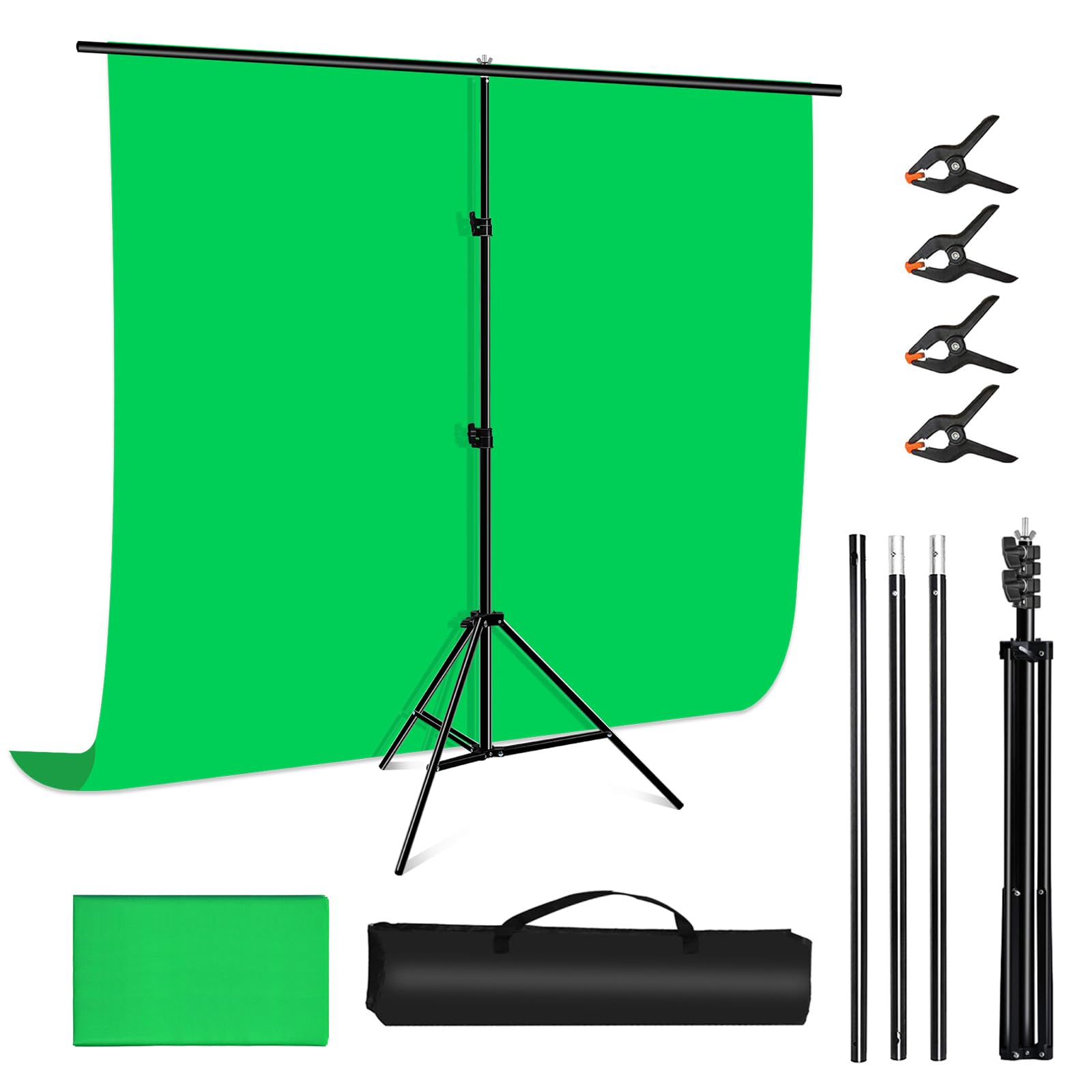 PULUZ Green Screen Backdrop Kit with Stand, 6.5X6.5ft Portable Green Screen Stand kit, GreenScreen Background with Stand Carrying Bag Clamp for