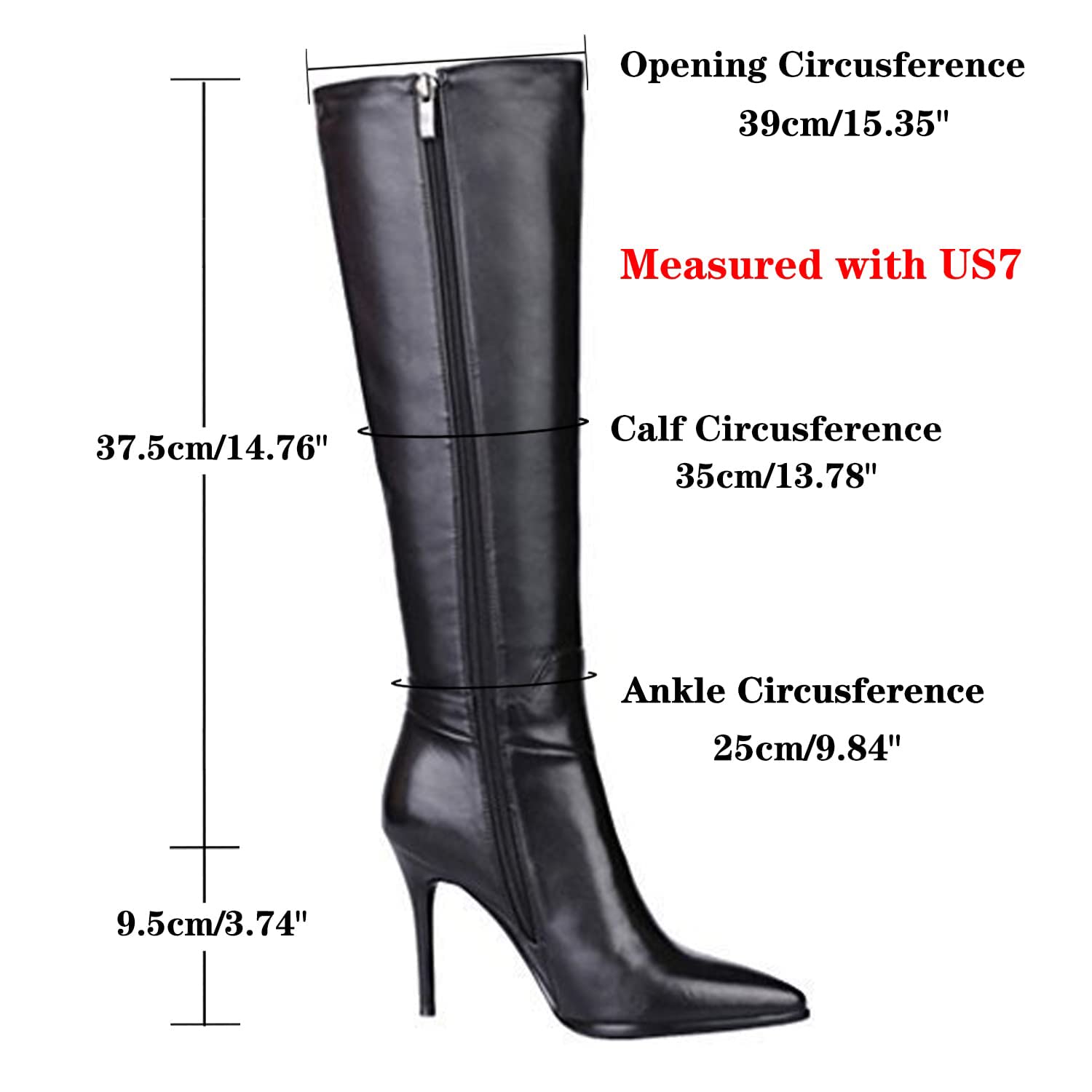 Dance&Style Women's Leather Boots Middle Thin Heels Shoes Zipper Knee High Boots