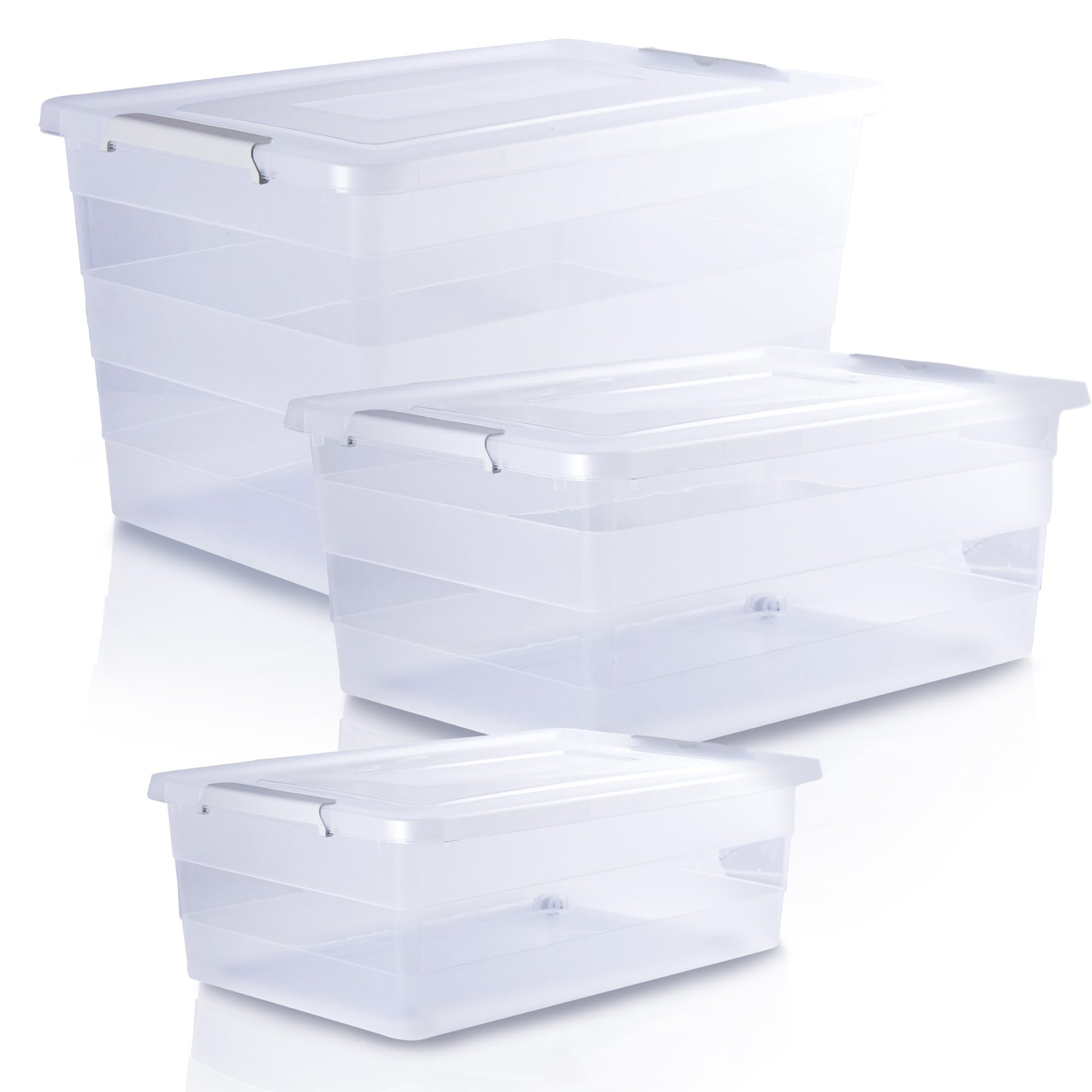 3x Aufbewahrungsbox Mit Deckel Mit Rollen 3er-Set 28L, 40L, 55L Organizer Kunststoff Behälter Container Mit Rädern Kleiderboxen Box Plastik Transparent