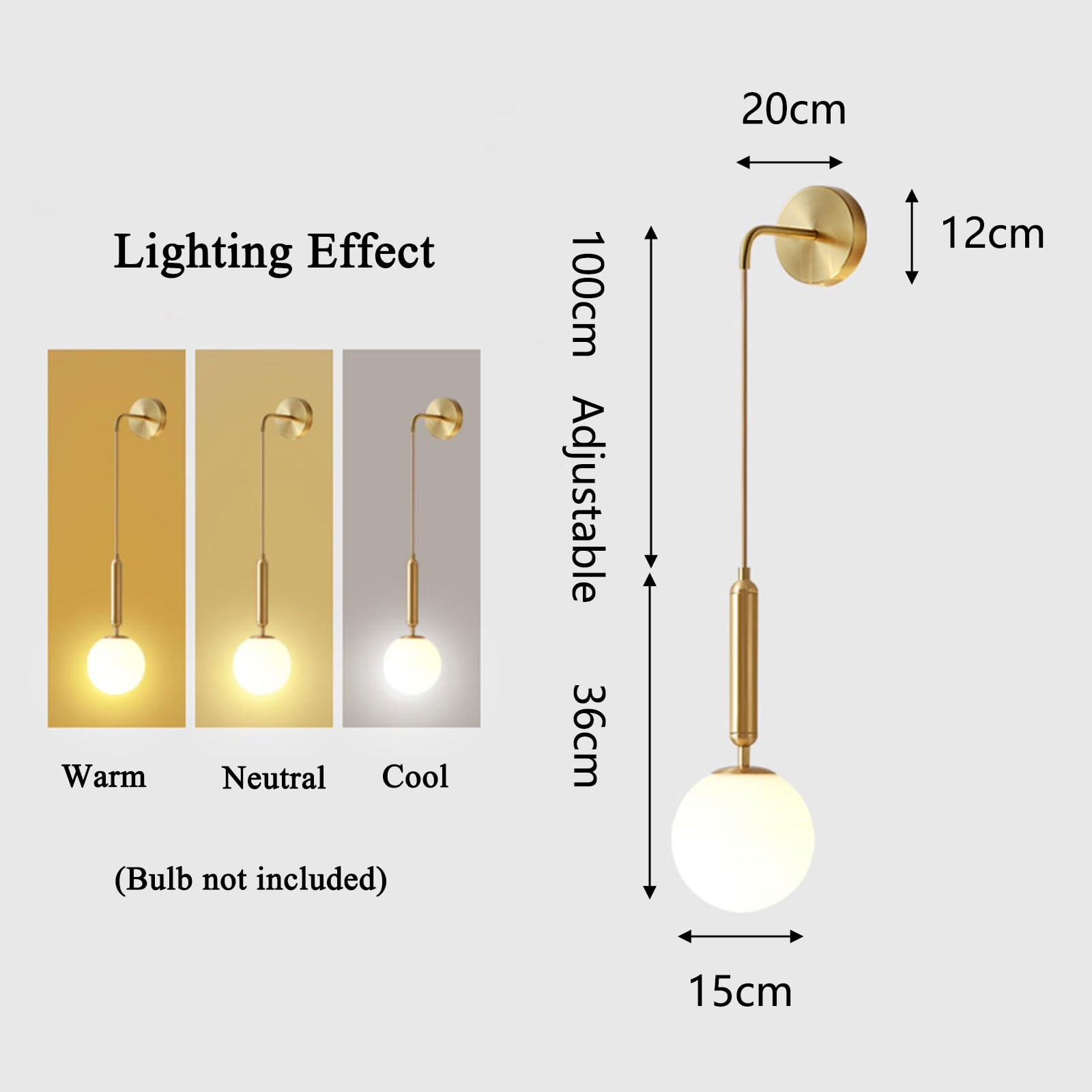 Globo in vetro bianco da 150 mm e metallo dorato Applique da parete Lampada da parete a goccia per comodino (Vetro bianco e metallo dorato) (Vetro Bianco + Metallo Dorato, 1 Pezzo)