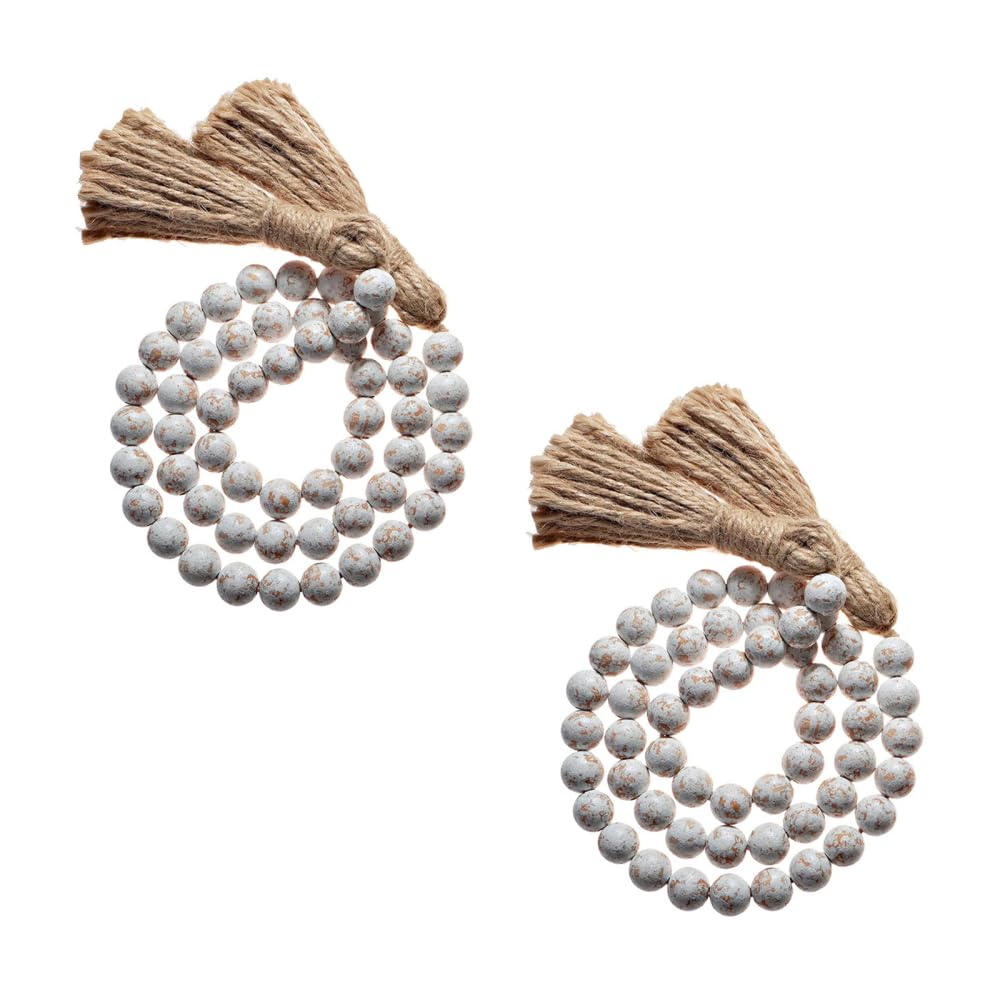 Mioyoow Old White 2Pcs Wooden Beads String, Farmhouse Wooden Beads Decorative Beads Garland With Tassels For Boho Home Decor Wall Hanging Decoration