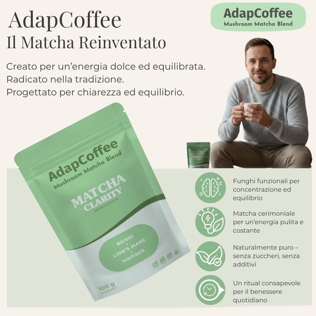 Matcha Clarity – Tè Matcha Cerimoniale con Funghi Adattogeni – Lion’s Mane, Reishi & Maitake – Energia Naturale & Concentrazione – Vegano, Senza Zuccheri Aggiunti – 25 Tazze (100 g)