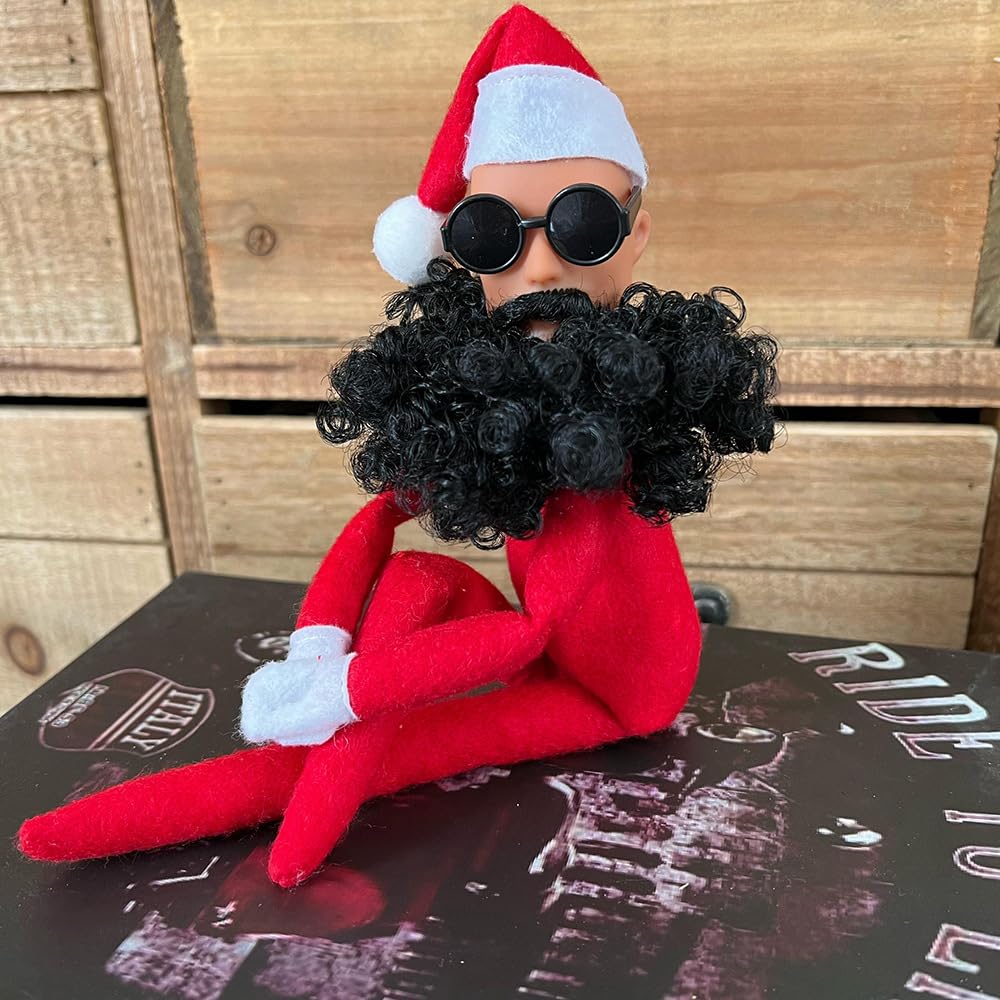 Christmas Elf Doll, Long Curly Bearded Hip Hop Elf Doll with Round Glasses