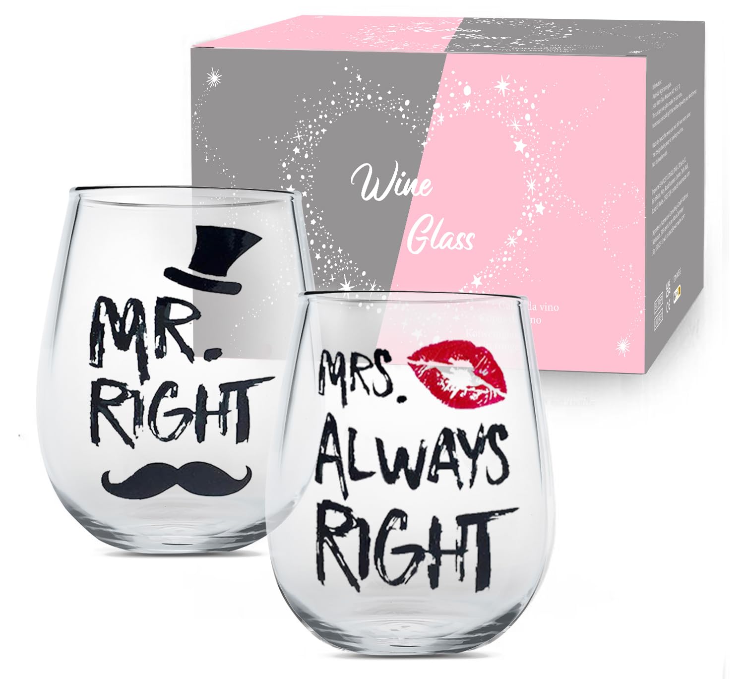 Mr Right Bicchieri da coppia di vino 14 once Calice da vino in cristallo senza stelo Set di tazze, Tazza da matrimonio per gli sposi per coppia Anniversario, Fidanzamento, Natale San Valentino