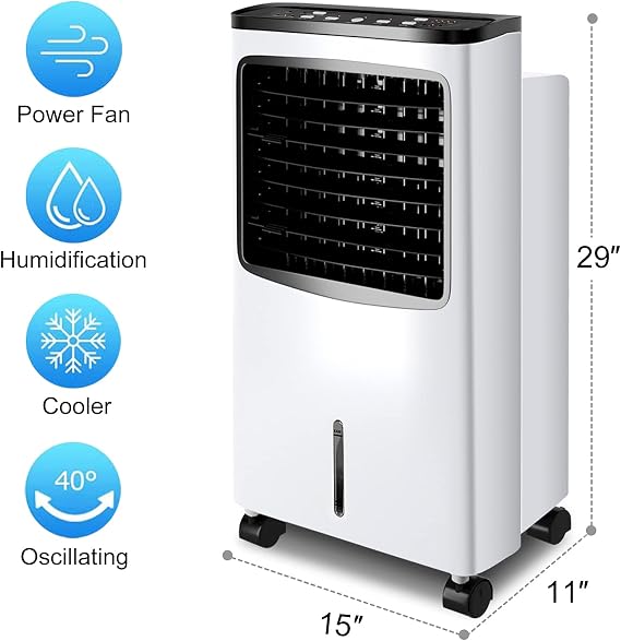 Portable Evaporative Air Cooler, 3-IN-1 Oscillating Cooling Fan with Humidifier, Remote Control, 2 Ice Packs & 2.1 Gallons Water Tank, Air Cooler for Room, Office & Home(29 H)