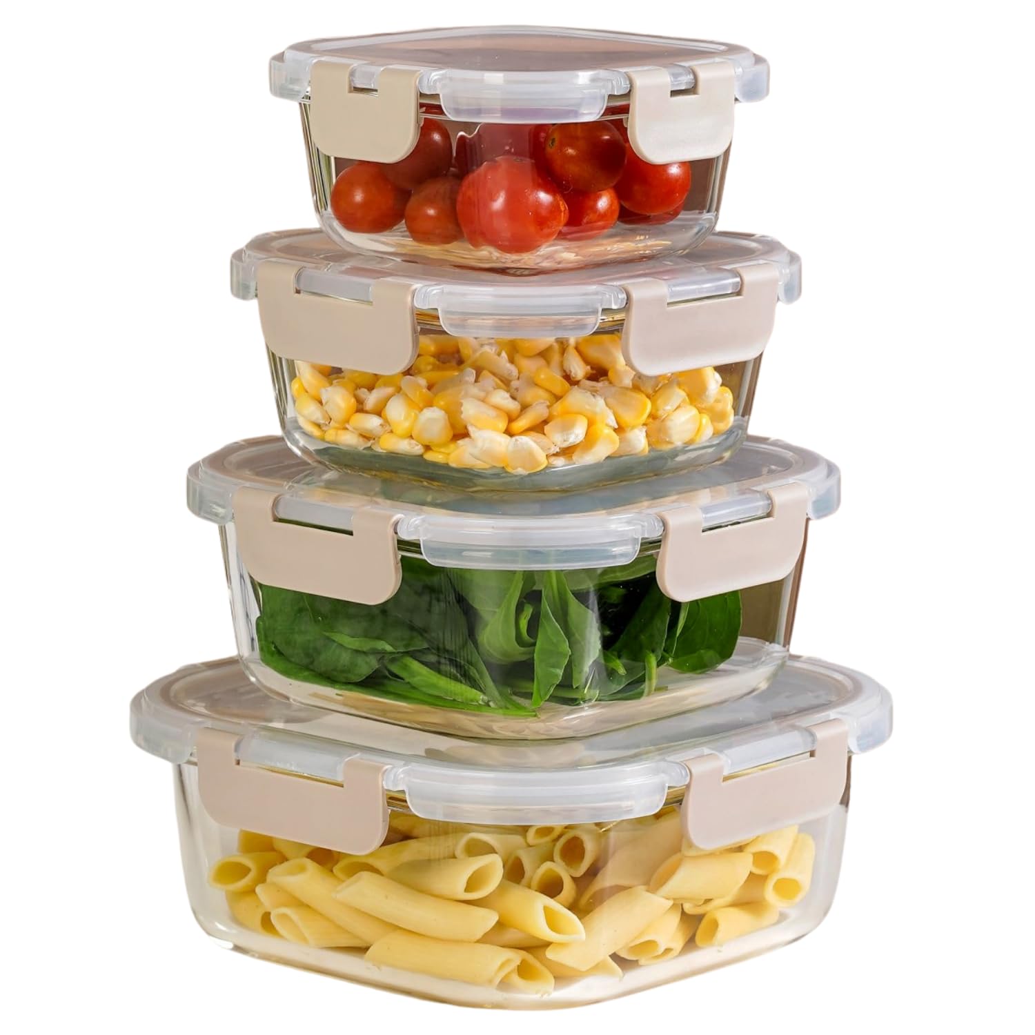 Nestasia Nestro Airtight Glass Containers with Lid Set of 4 (300ml, 500ml, 800ml, 1200ml) | Spill Proof Square Food Storage Containers for Kitchen | Microwave, Dishwasher & Freezer Safe (Beige)