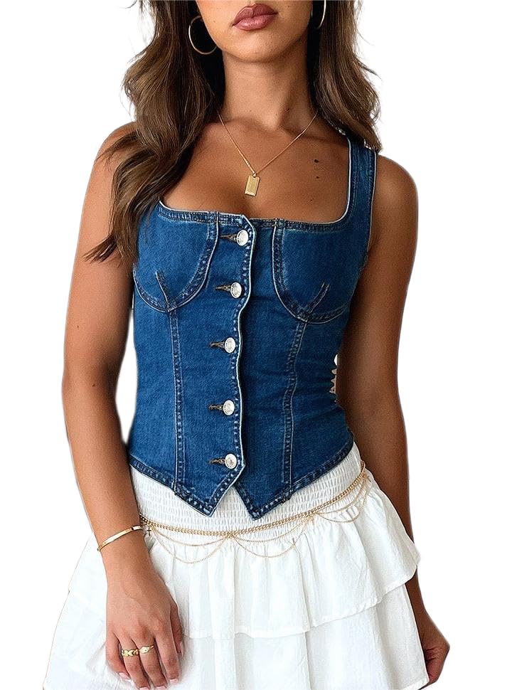 Sastianaen Women Vintage Denim Vest Y2k Bow Tie Tank Top Low Cut Sleeveless Slim Jean Top Summer Going Out Streetwear