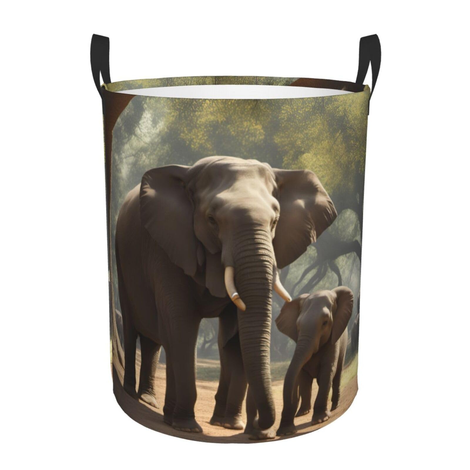 M Collapsible Laundry Hamper Round Elephant Print Storage
