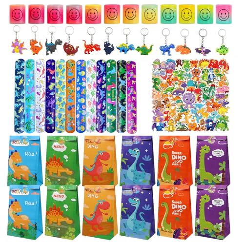 Eymobad Juego de 98 regalos para fiesta de dinosaurios, regalo de cumpleaños infantil, con dino, pulsera de chupito, llavero, tatuajes, círculos de arcoíris, para cumpleaños infantiles