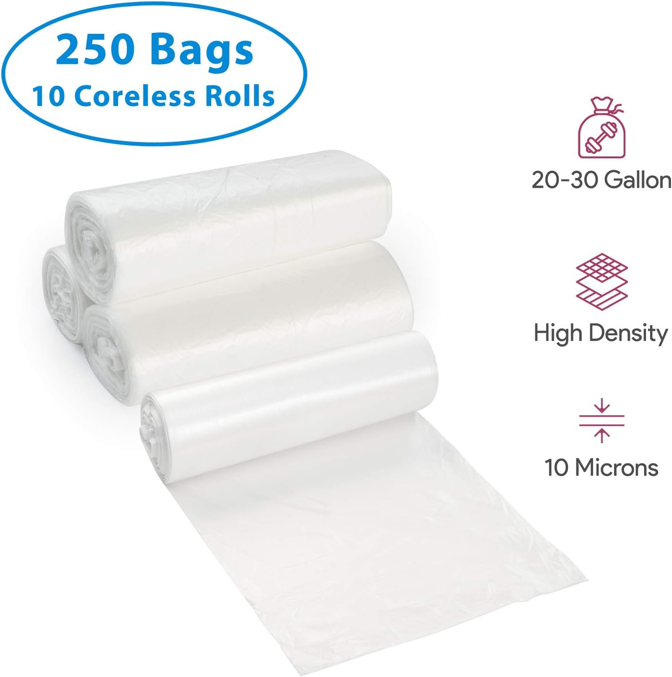 20-30 Gallon Clear Garbage Can Liners, 250 Count - Medium - Large Trash Can Liners - High Density, Thin, Lightweight, 10 Microns - For Office, Home, Hospital, Wastebaskets -10 Coreless Rolls