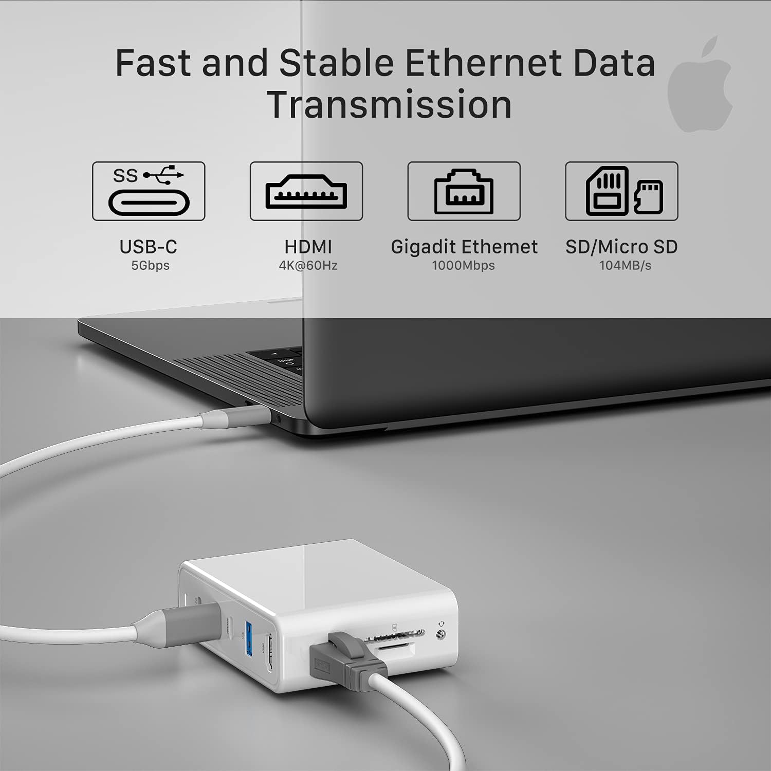 Laptop connected to INVZI docking station with Ethernet and SD card
