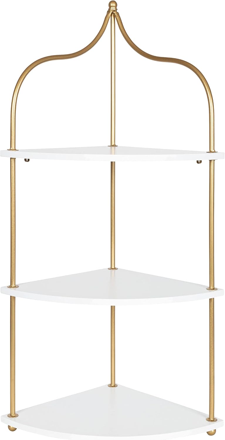 Kate and Laurel Walters Glam Wall Mounted Corner Shelf; 17 x 12 x 35; White and Gold; Decorative Three Tier Corner Wall Shelf for Storage and Display