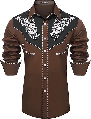JoZorro Camisa de manga larga con botones y diseño de perlas para hombre corte vaquero bordado occidental casual con botones