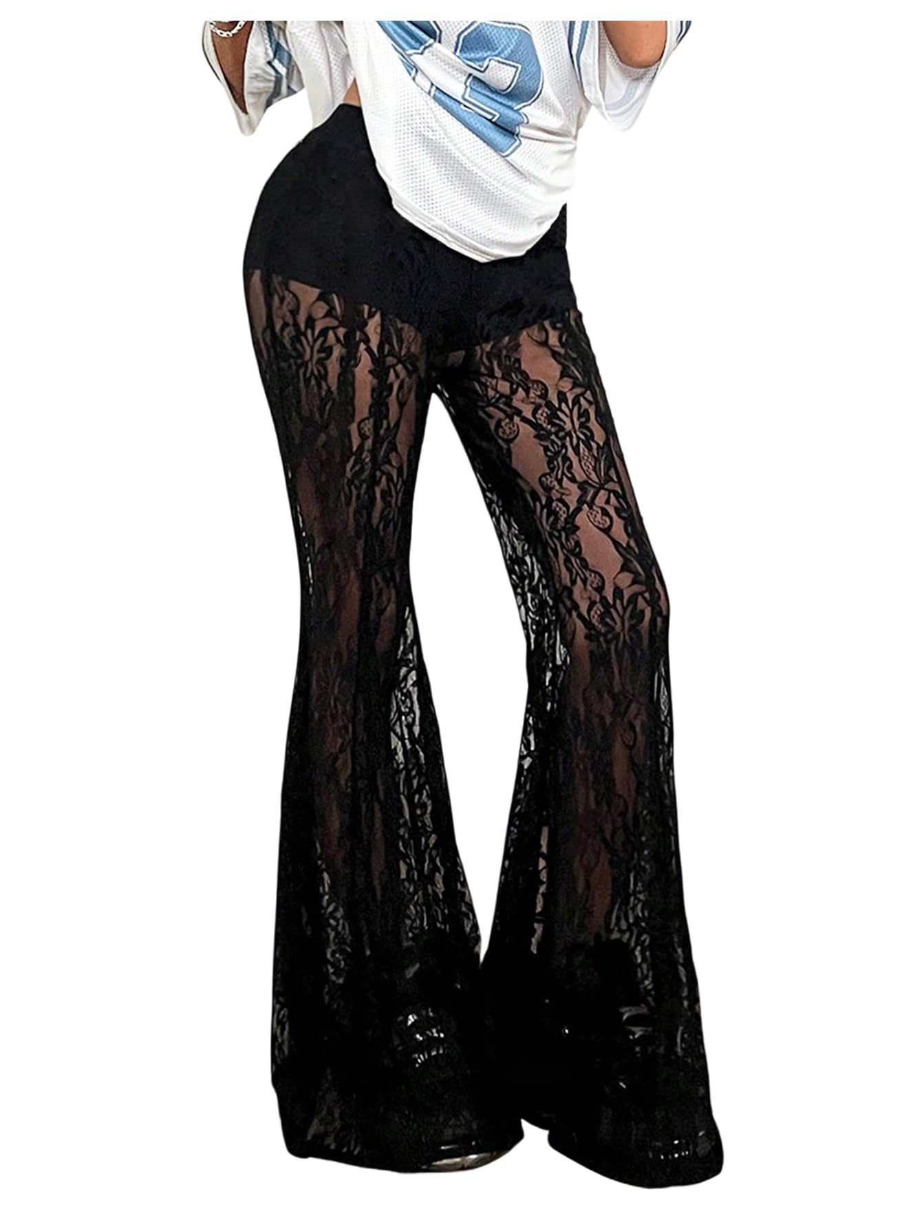 OYOANGLE Womens Lace Sheer Flared Pants Y2K Elastic Waist Skinny Bell Bottom Trousers Party Clubwear