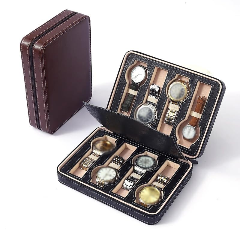 Organizzatore di Box per Uomini Borsa Porta Orologi Portatile da Viaggio con Cerniera, Scatola a 8 Posizioni, Adatta for Collezione e Tasca Vetrina per Orologi da Uomo/Donna(A)