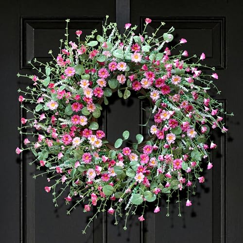 Montekin 22 Daisy Spring Summer Wreath with Green Leaves Wildflower Artificial Wreath for Front Door Home Wall Wedding Farmhouse Holiday Outdoor Indoor Dcor (Pink 22 inch)