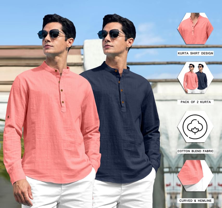 Image of ROYALSCOUT Combo of Men's Solid Cotton Blend Full Sleeve Straight Kurta Shirt (Pack of 2)