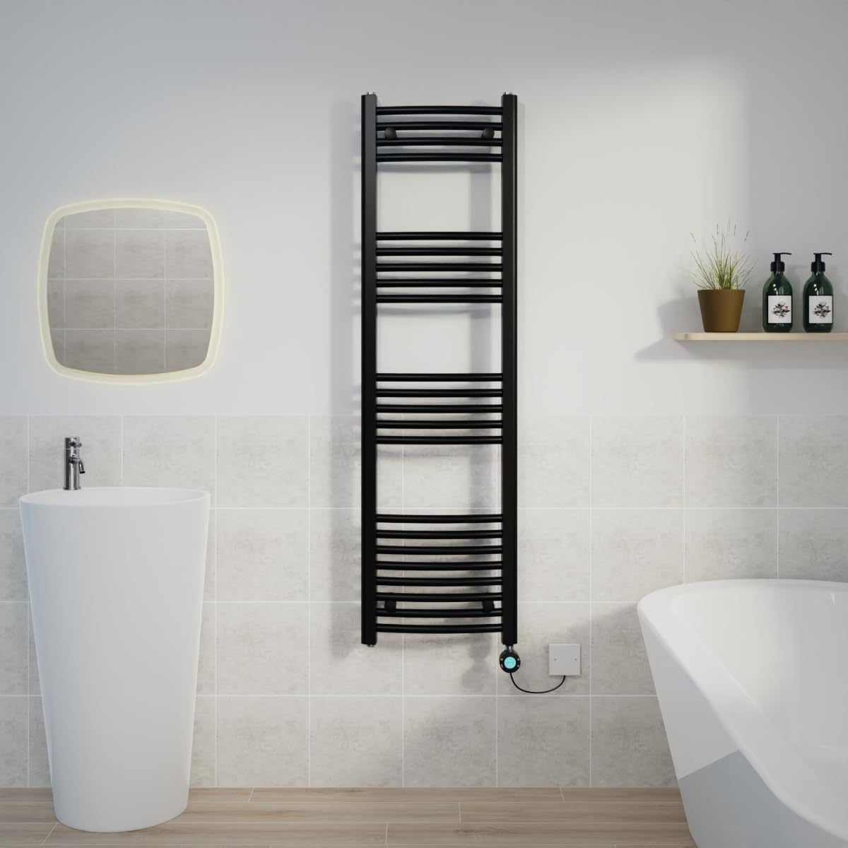 Warmehaus Black Electric Heated Towel Rail Curved Thermostatic Bathroom Towel Radiator With Timer Prefilled - 1400X400mm 800W