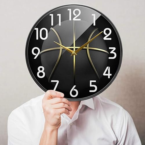Miniatura 4 de Naanle Reloj de pared redondo de baloncesto negro 3D con línea dorada, reloj de escritorio silencioso de cuarzo silencioso de 9.5 pulgadas, funciona