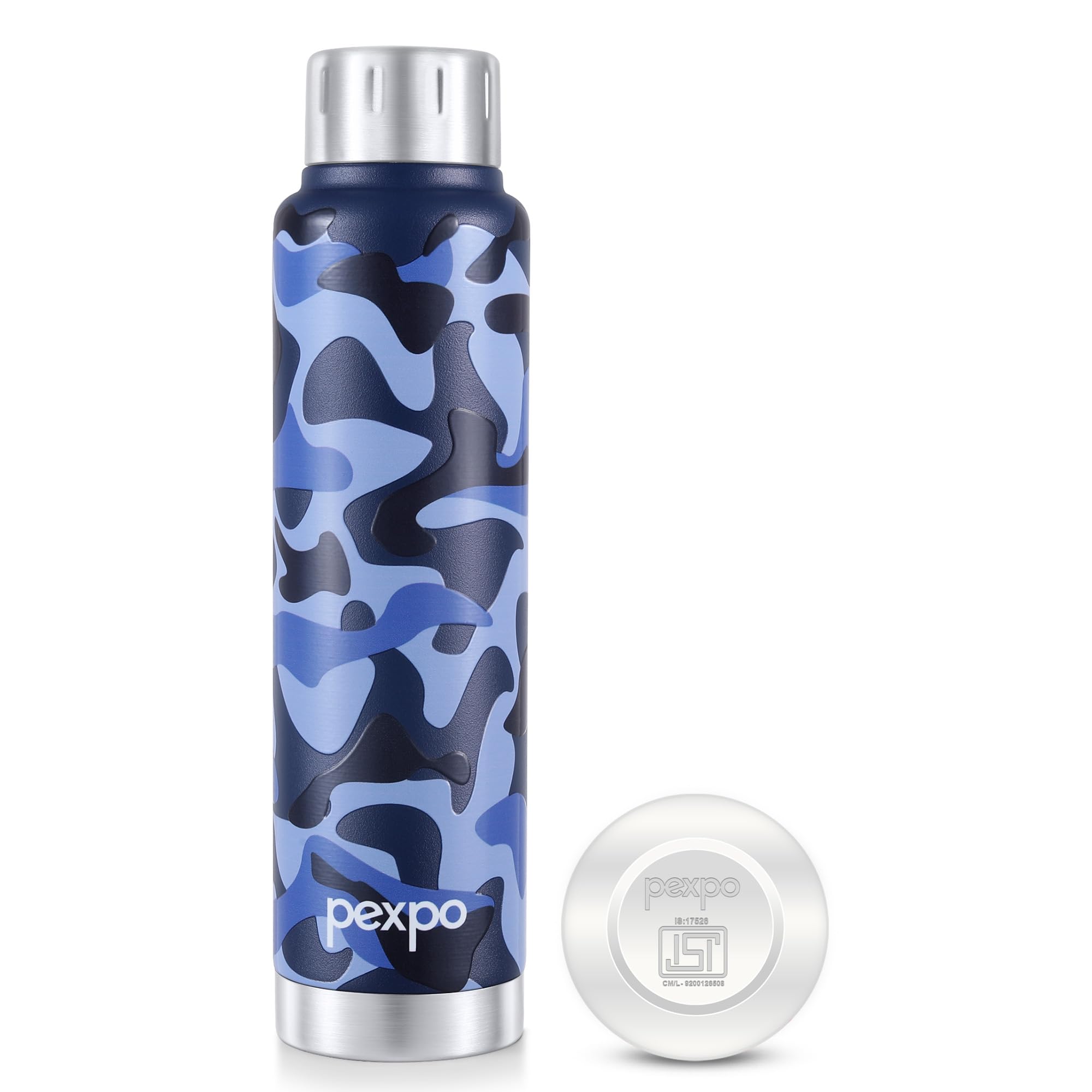 Go24 pexpo Cameo ISI Certified Stainless Steel Vacuum Insulated Flask - 500ml | Double Wall Hot & Cold Upto 6-8 Hours | Office, School, Gym, & Travelling | Men, Women & Kids - Denim Blue Camouflage