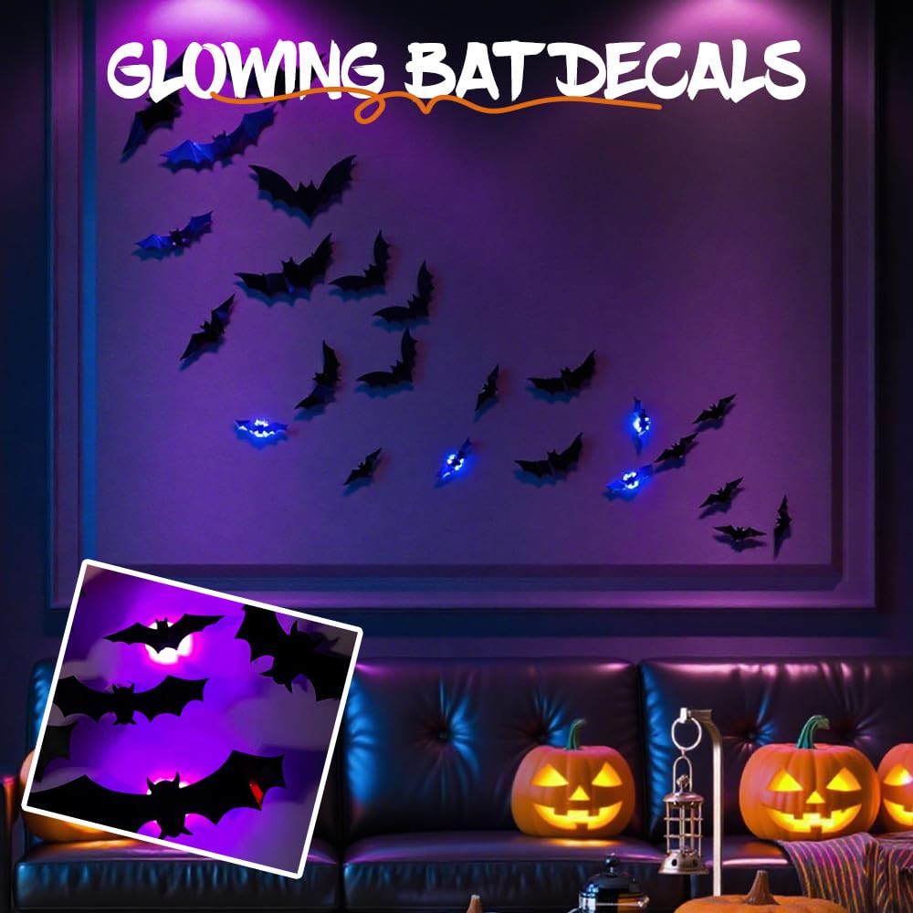 Halloween 3D podświetlane nietoperze, 2025 nowe naklejki 3D LED nietoperze, dekoracje ścienne, różne rozmiary, na imprezę, do sypialni, dekoracji okien, wewnątrz i na zewnątrz (36 szt.)
